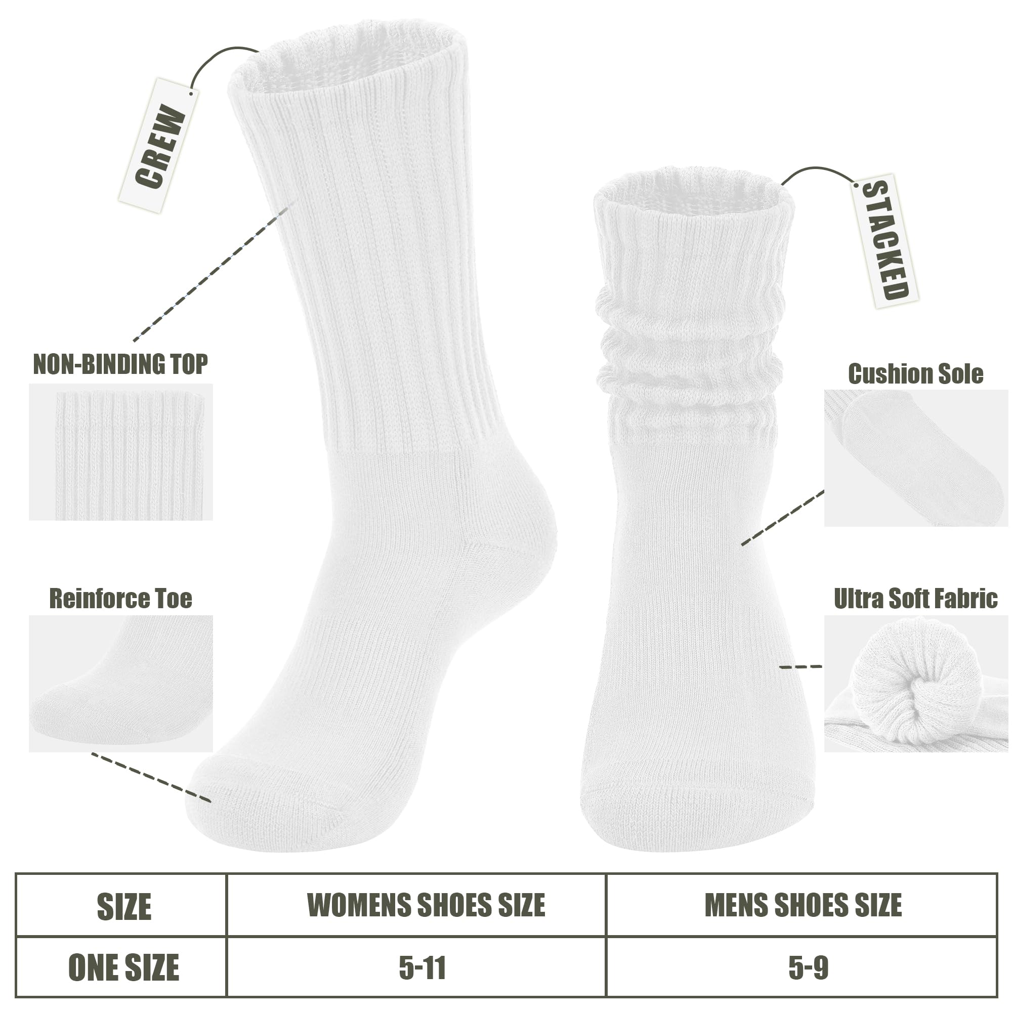 AugRing Women's Slouch Crew Socks Retro Solid Scrunch Boot Chunky Ribbed Cozy Cotton Calf Socks 3 Pack Size 5-11 (3 Pack White)