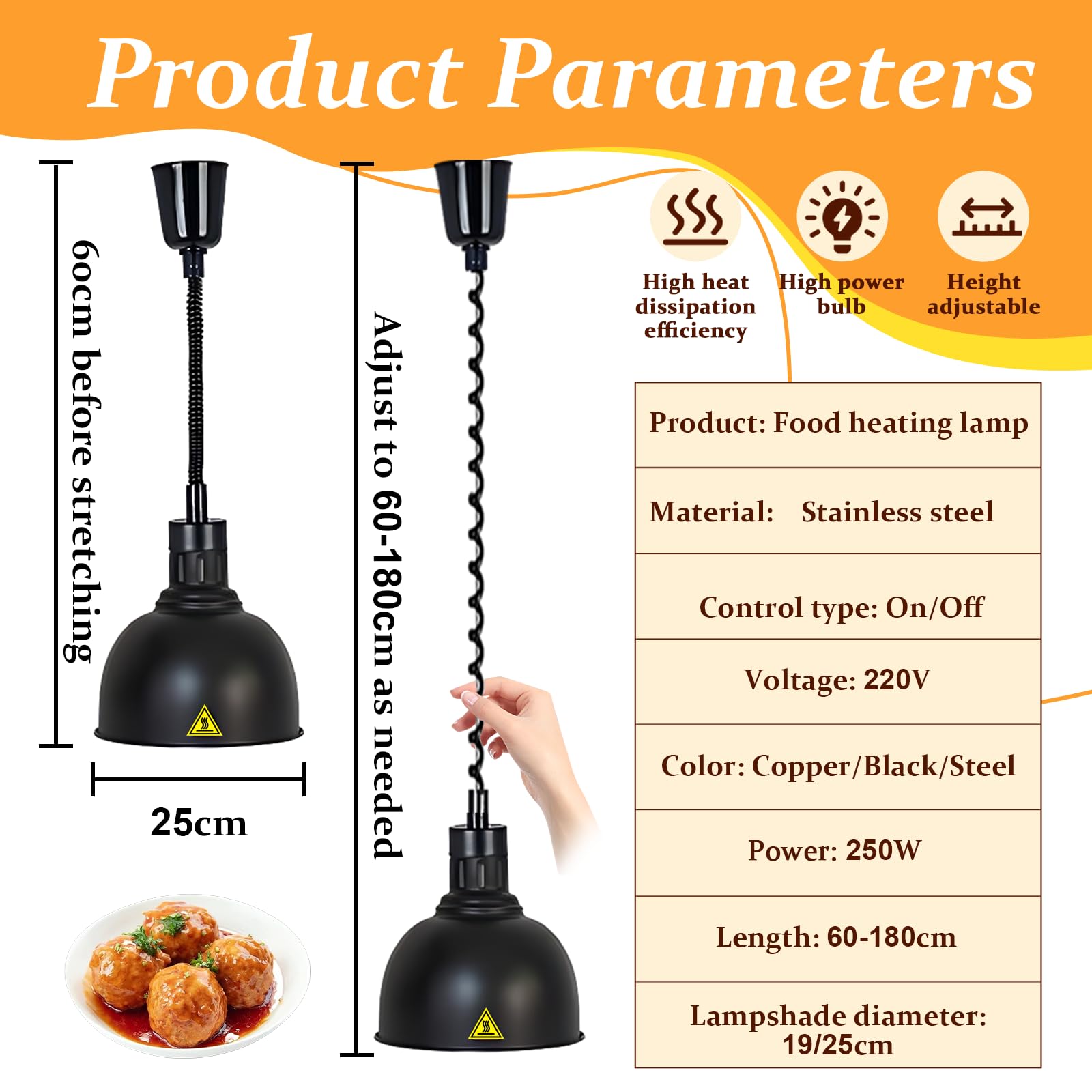 Lampada Riscaldante per Alimenti, Lampade Scaldavivande Cucina 19 cm/25 cm, Lampade Riscaldanti Cucina Ristorante Regolabile, 250W Sospeso Lampada Scalda Piatti Ristorante (C-25cm,2 Pezzi)