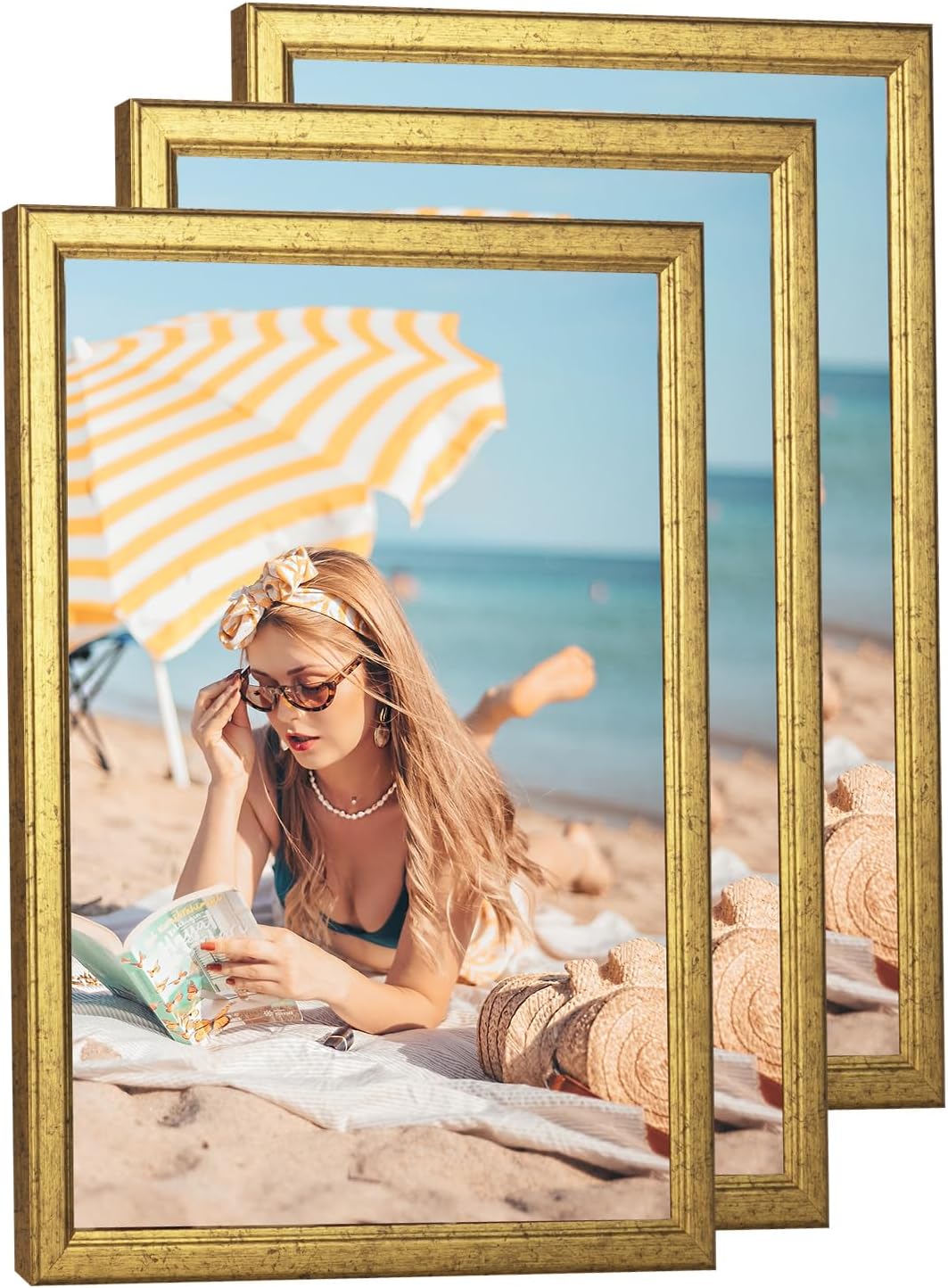 3 pack Wood 16x24 Frame Gold, Ornate Natural Wooden 24x16in Picture Frame, Modern Golden 16 x 24in Gallery Photo Pic Frame with HD Plexiglass, Horizontal Vertical Wall Mounting Set of 3 Gold 16x24