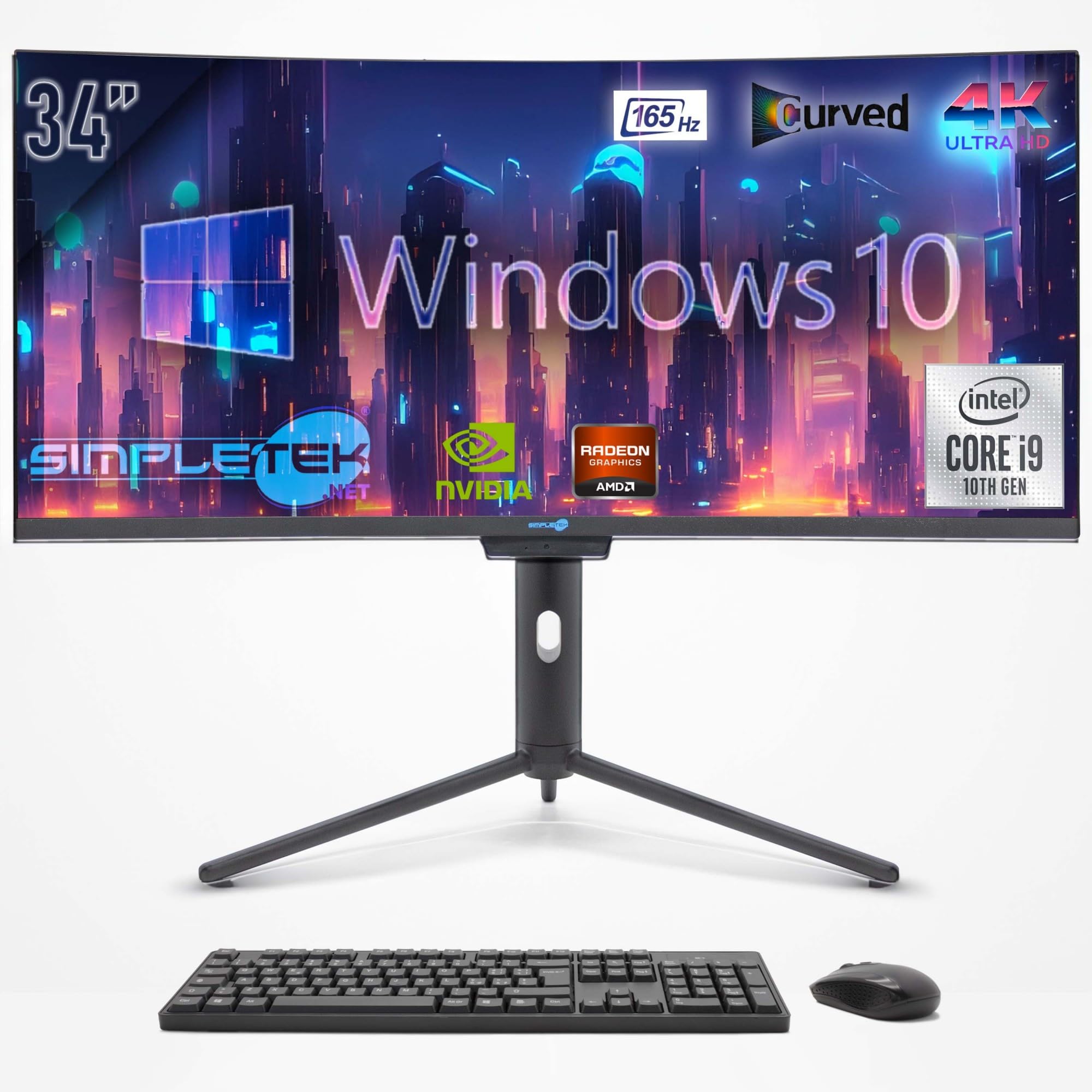 SIMPLETEK - Computer All in One 34" Schermo Curvo per Gaming, Grafica | Core i9 10° Gen | Windows 10 Pro | GPU RX 550 4GB | 4GB RAM SSD 120GB | Webcam 2K | BT 5.2