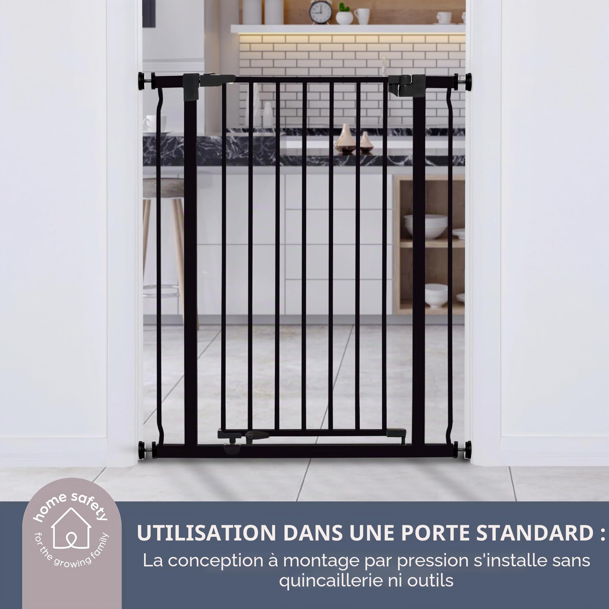 Dreambaby Barrière de sécurité Liberty Xtra-Grand- Barrières à pression - Convient aux ouvertures de 75 à 81 cm de large - 93 cm de haut - avec fonction Smart Stay Open - Noir - Modèle G1962