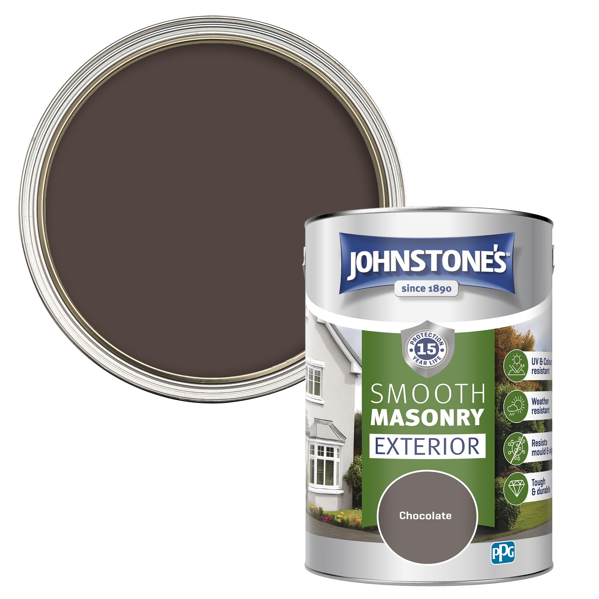 Johnstone's, Exterior Smooth Masonry Paint, Chocolate, Up to 15 Years Protection, Weather & Dirt Resistant, 60m² Coverage Per Tin, Dry in 1-2 Hours, 5L