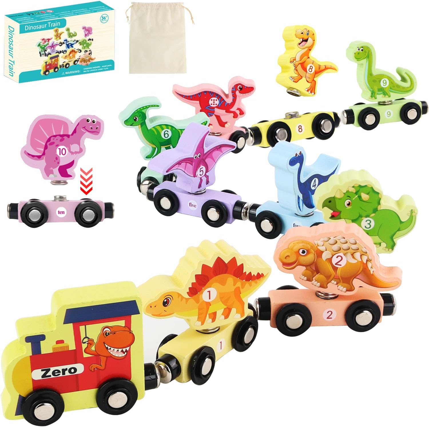 Magnetic Wooden Dinosaur Train Set Montessori Preschool Educational Car Toys for Baby Toddlers Infants Boys Birthday Gifts