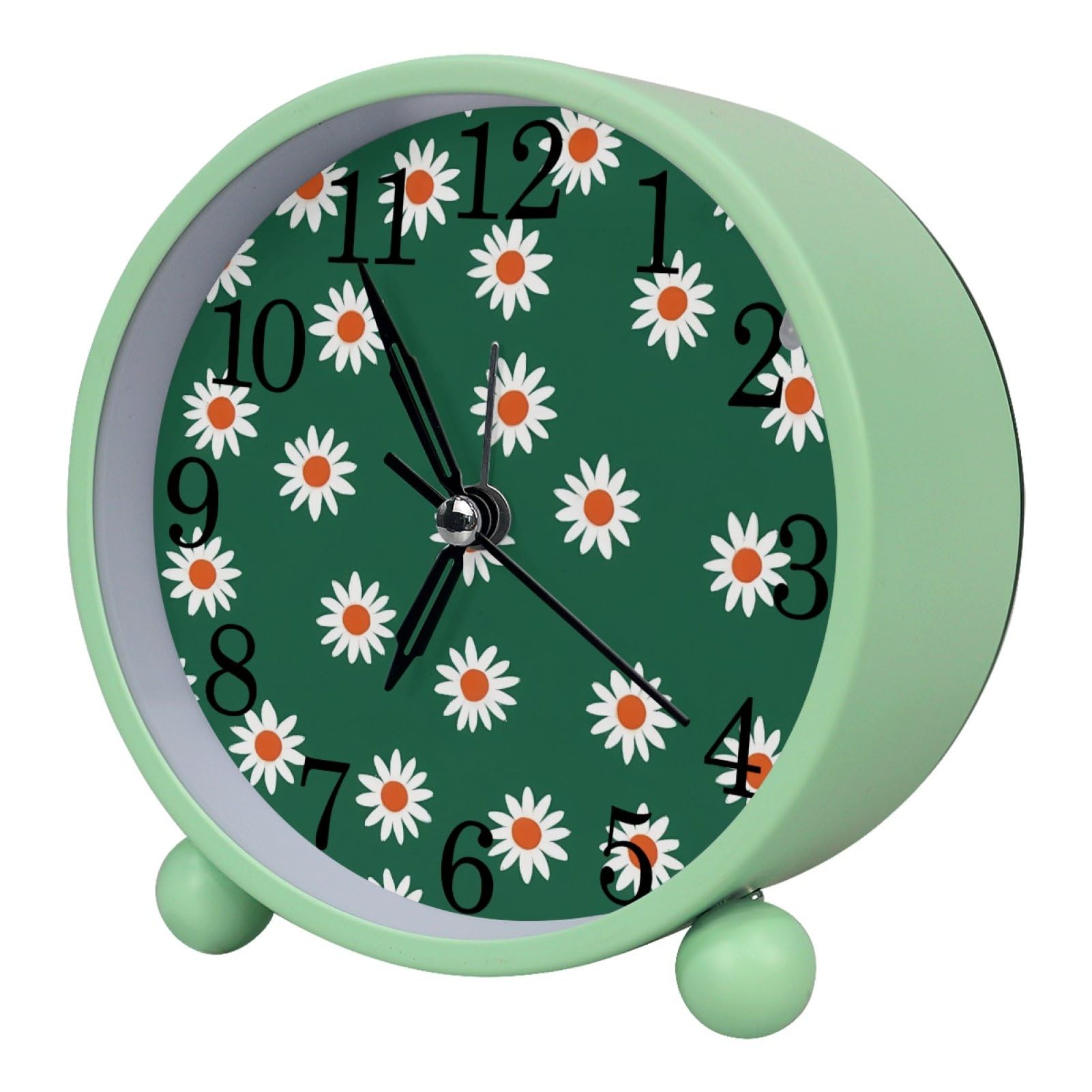 etoenbrc Daisy with Green Background Round Battery Operated Bedside Alarm Clock Non-Ticking Desktop Silent Analog Alarm Clock with Light