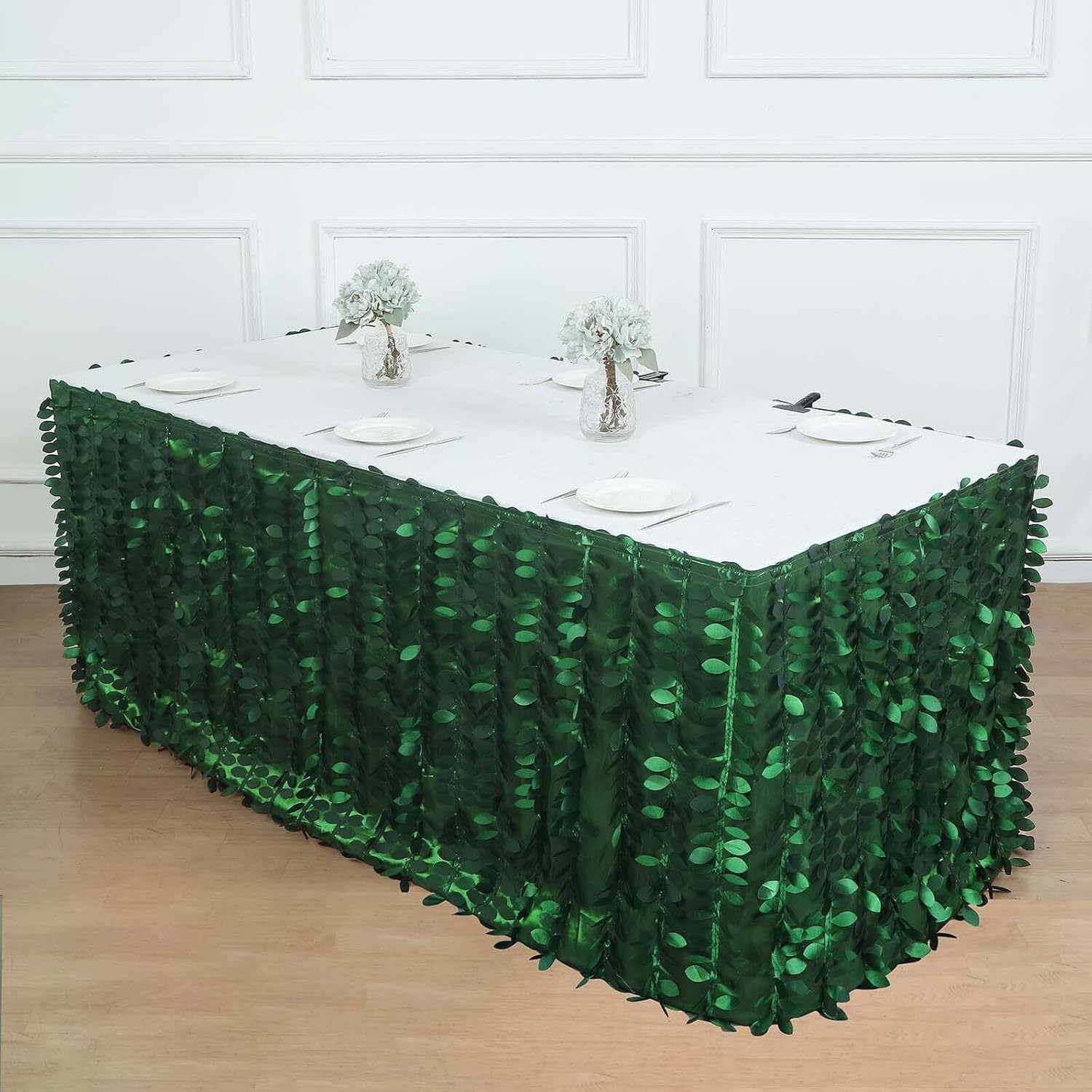 Efavormart 17FTX31 Rectangle Leaf Petal Taffeta Tablecloth - Decorative 3D Leaf Ruffle Table Cover for Forest Party, Wedding, Event, Dessert Tables - Green