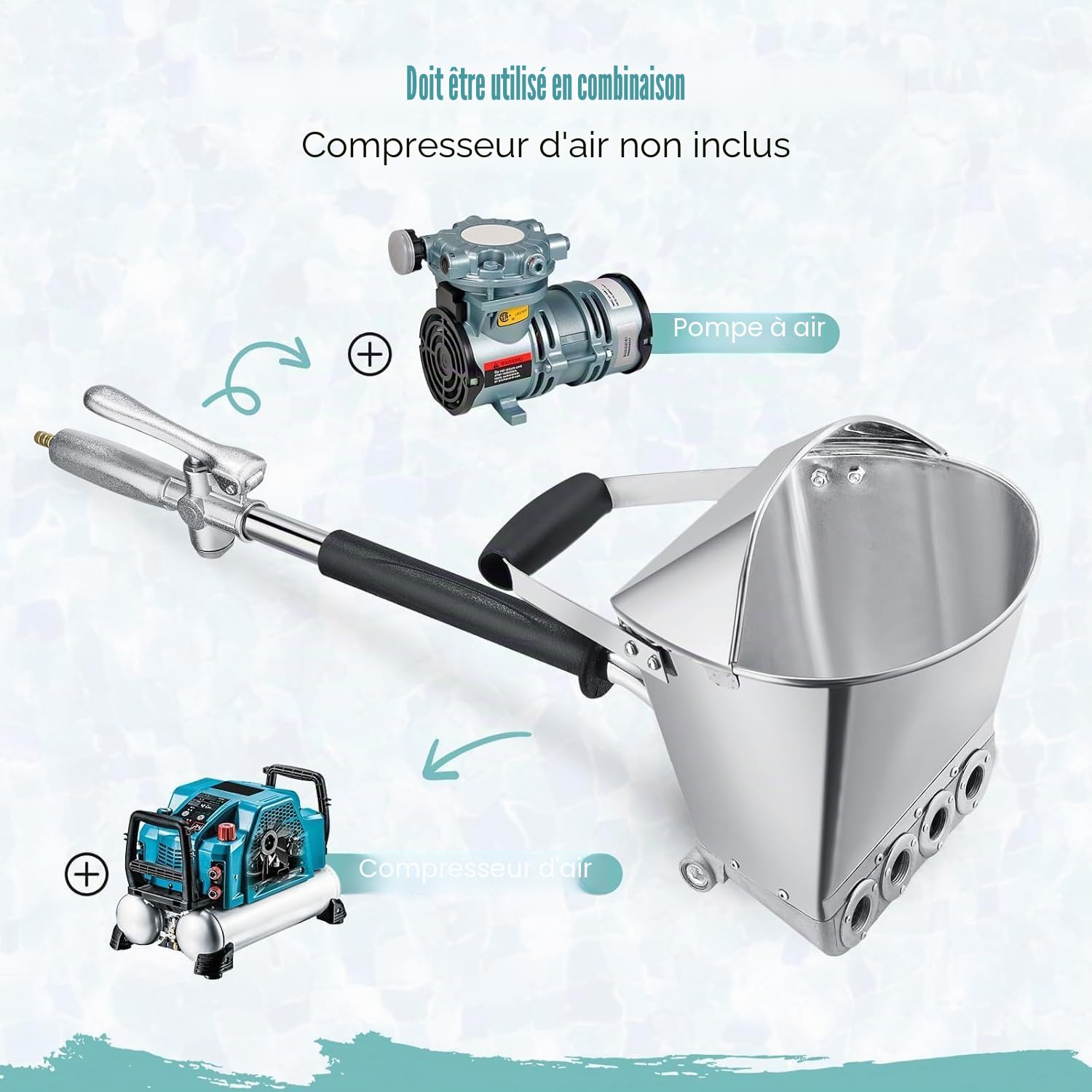 Ciment Machine a Crepir Pneumatique,8 Jet Pistolet Peinture à Mortier avec Couvercle, Sablon a Crepir,Pulvérisateur de Plâtre Trémie pour Murs Plafonds Peinture Outil DIY