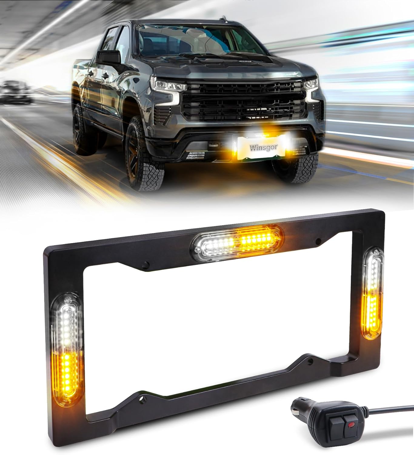 Strobe Lights License Plate for Trucks Amber White Front Rear Flashing 36LEDs Emergency Hazard Safety Light Frame for Vehicles Pickup