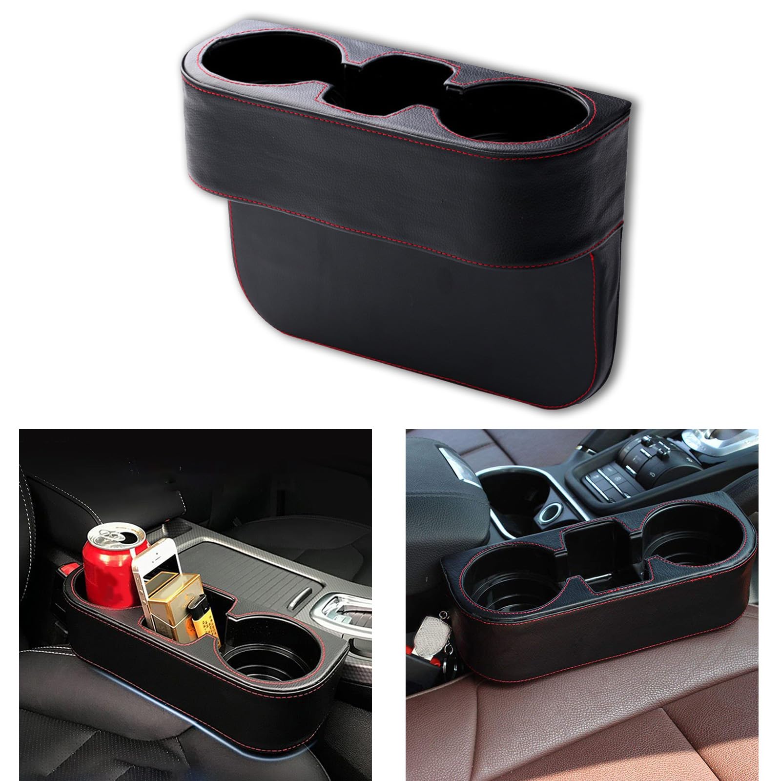 Portavasos para coche, organizador de bebidas multifuncional para el espacio del asiento delantero del coche, con cubierta de cuero PU, caja de almacenamiento para rellenar el espacio, compartimento para monedas, bolsillo lateral para la consola, llavero, billetera, color negro