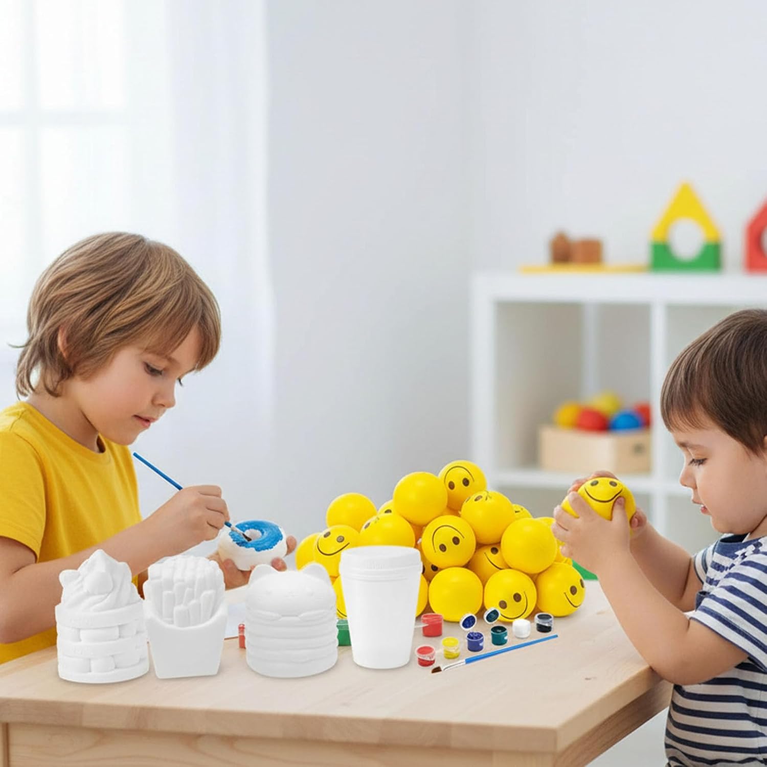 46 PCS Stress Relief & DIY Set, Smile Face Stress Balls and Paintable Food Squishies for Kids Party Favors, Classroom Rewards, Creative Crafts