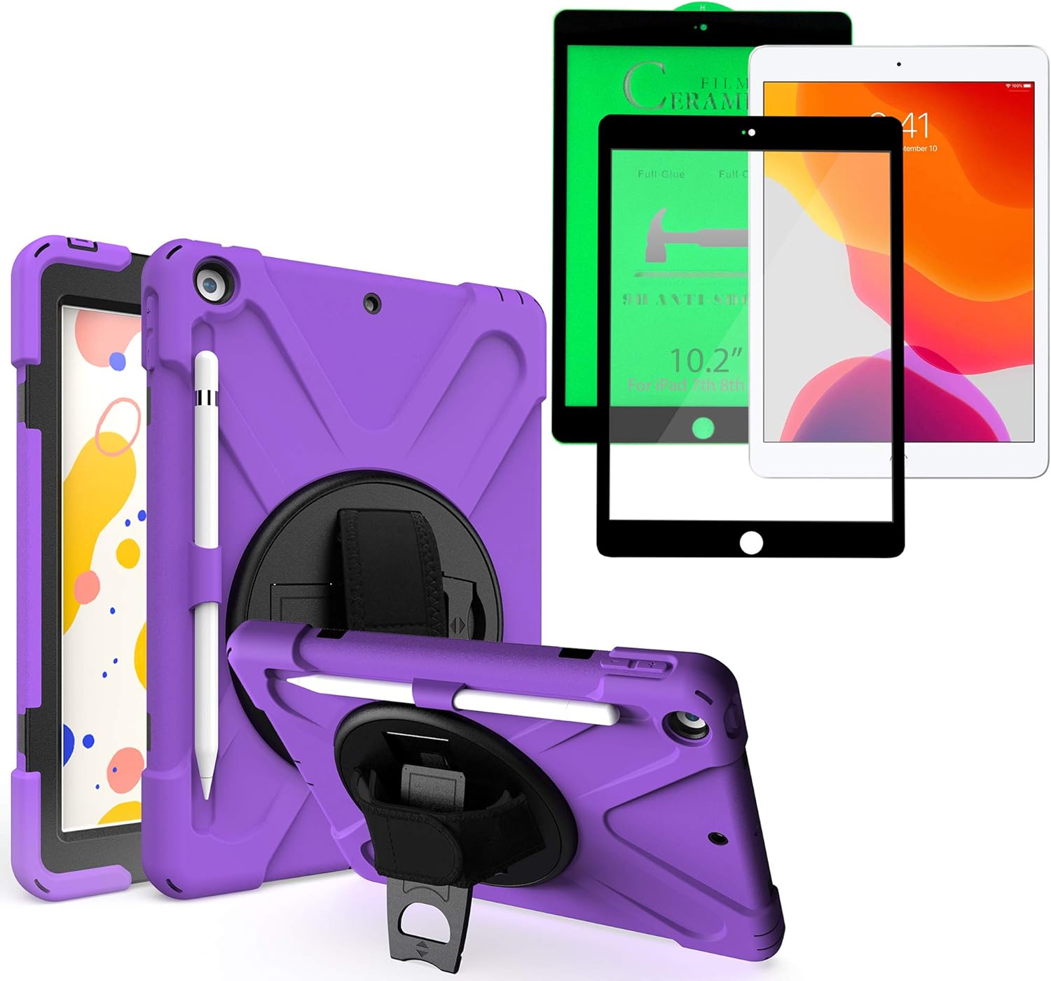 KIQ Shockproof Case Full-Body Heavy Duty Cover Stand with Shatterproof Ceramic Screen Protector for Apple iPad 10.2 7th 8th Gen (Light Pink)