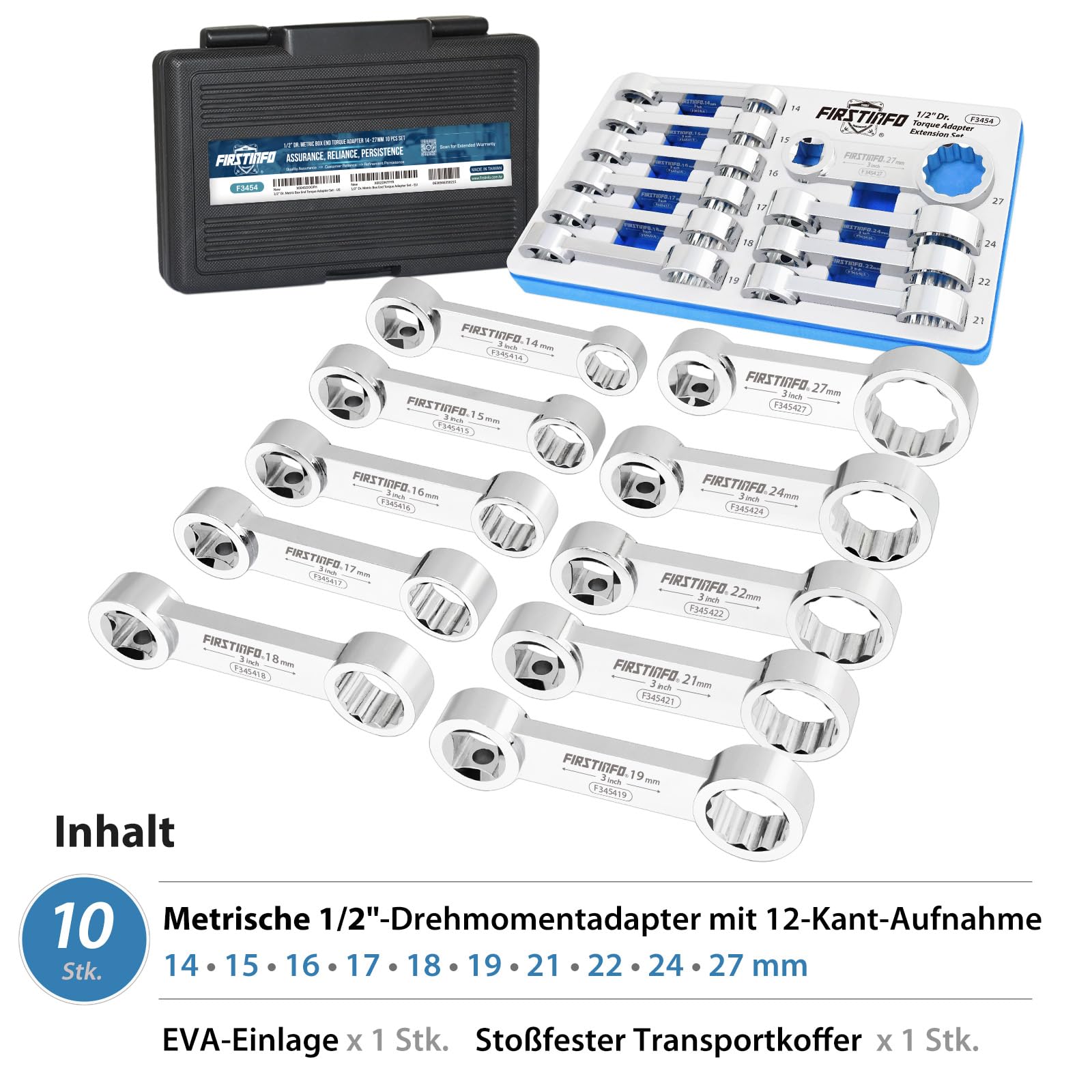 FIRSTINFO F3454 Drehmoment-Adapter-Set 1/2 Zoll Antrieb 12-Kant Stecknüsse 14–27 mm metrisch 10-teilig CR-V Stahl mit Aufbewahrungskoffer