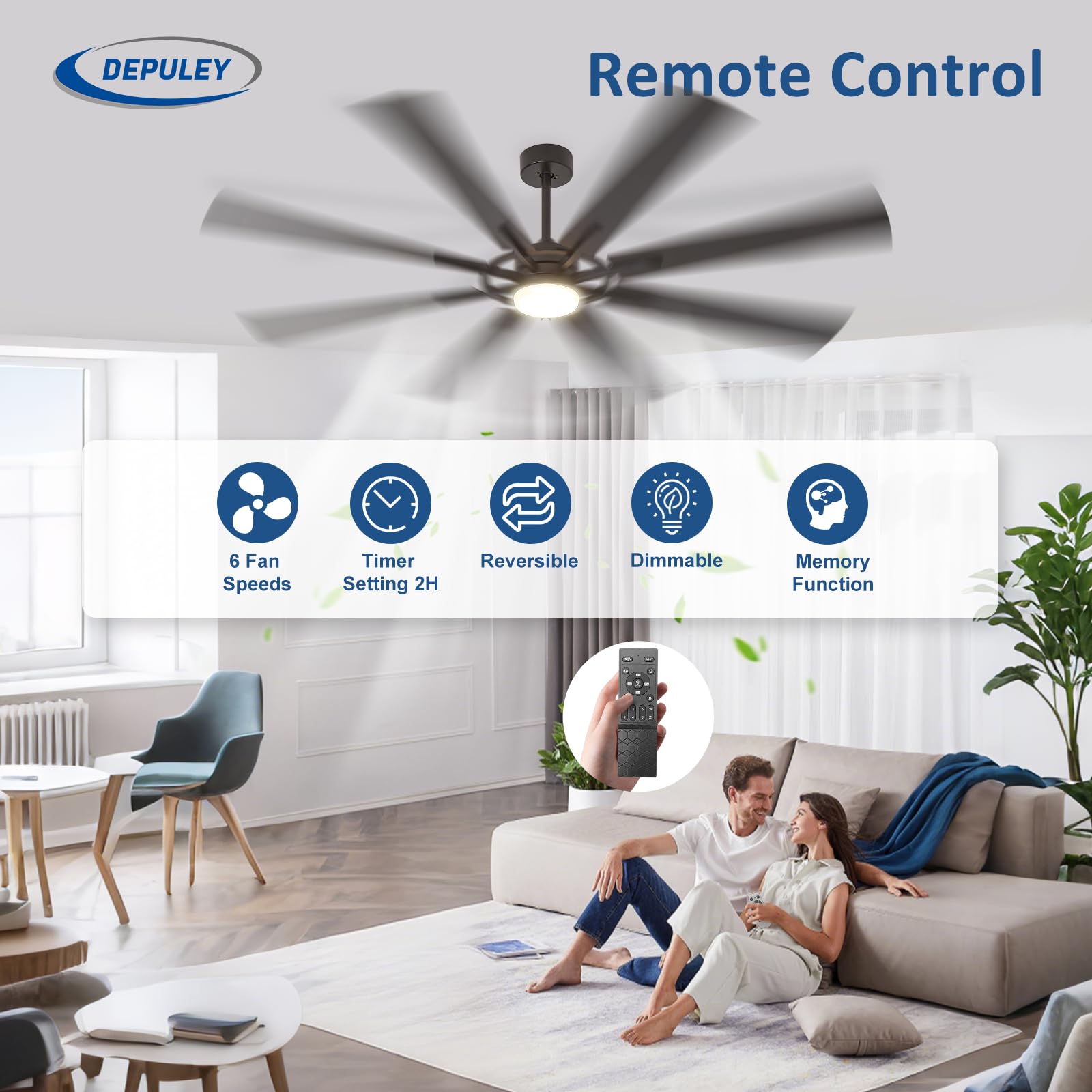 Depuley Ventiladores de techo grandes con luz: Ventilador de techo moderno de 72 pulgadas y 8 aspas para exteriores con mando a distancia - Luz regulable para ventilador grande negro