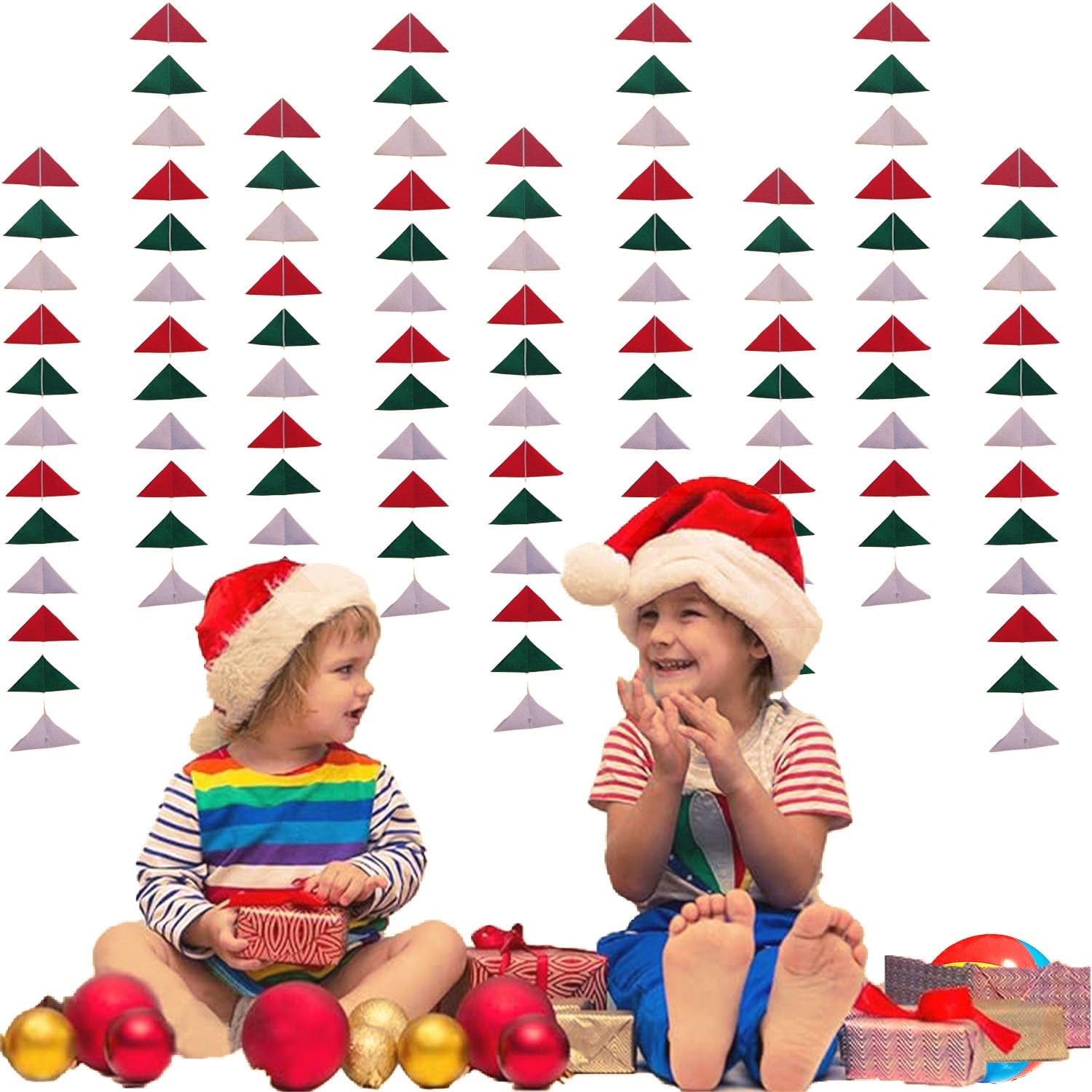 CANVASS メリークリスマスパーティーツリーデコレーション 2D フェルトフリル 4個パック プレミアムハンギングガーランド クリスマスのお祝い用 ホームオフィス ショップの装飾品-125cm レッド ホワイト グリーン ガーランド バンティング 新年