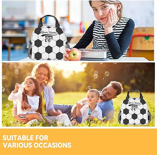 Miniatura 2 de Lonchera de fútbol personalizada para niños, lonchera aislada para niños, lindas bolsas de almuerzo portátiles blancas, pequeña bolsa de almuerzo
