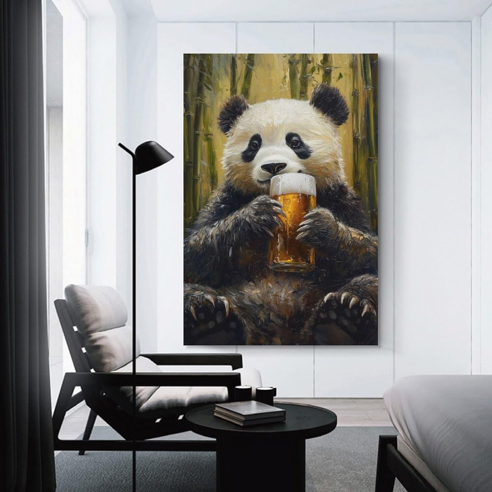 Junmoney Unframe-Style-5-1 Decorative Canvas Print Panda With Beer, 24X36inch(60X90cm), For Home Office, Desk Area Or Studio, Home Office Artwork With Decorative Appeal