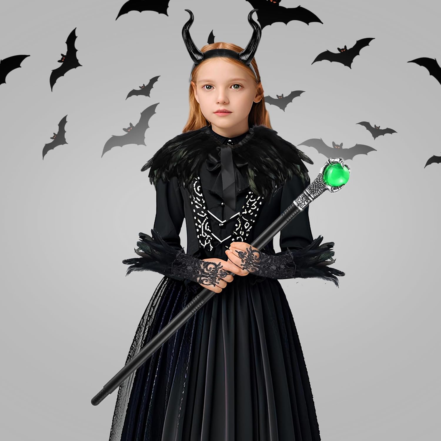 4Pcs Witch Costume Kids Evil Witch Accessories Gothic Devil Black Queen Horns Hairband Scarf Wand Gloves Cosplay Halloween Props - Image 7