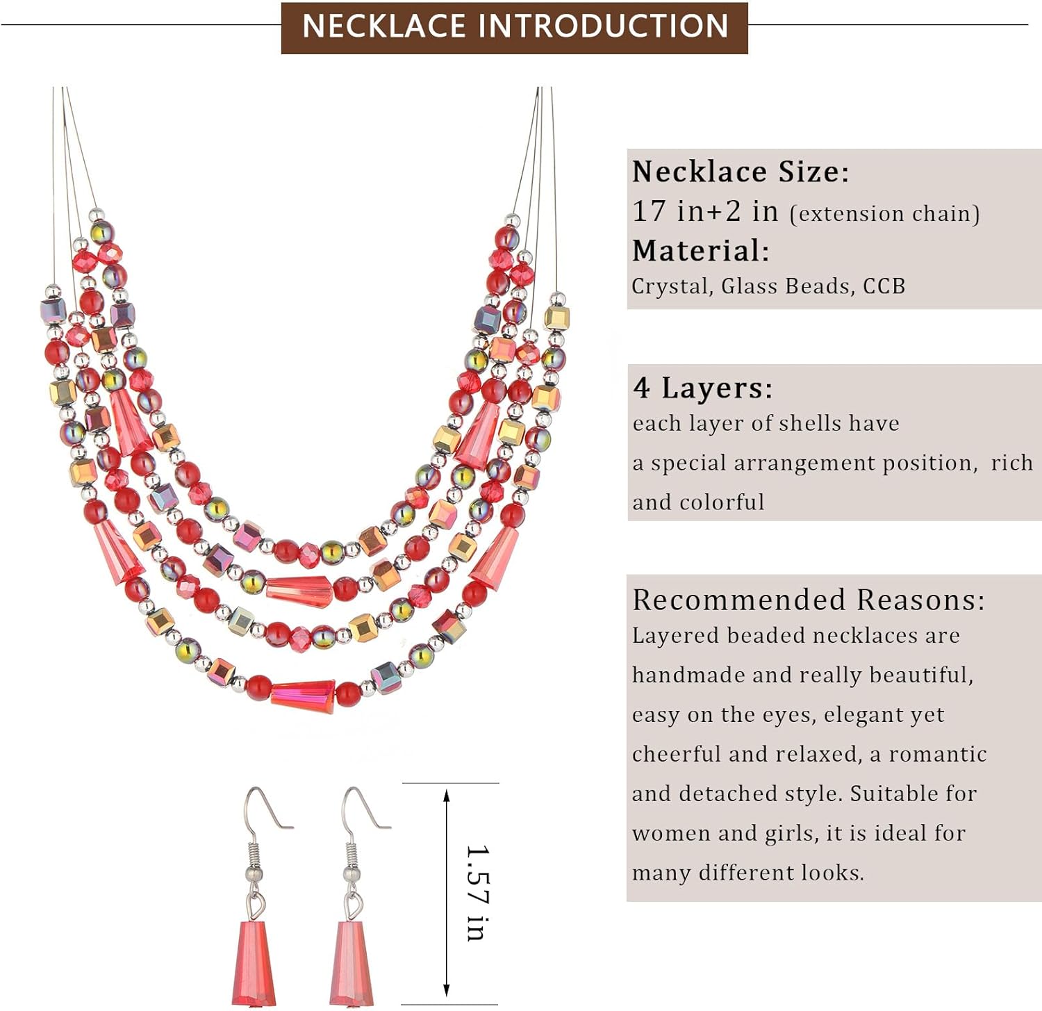 Layered Beaded Statement Necklace Multi Strand Crystal Beads Collar Necklace and Earring Sets for Women Fashion Costume Jewelry Set Gifts for Her - Image 5