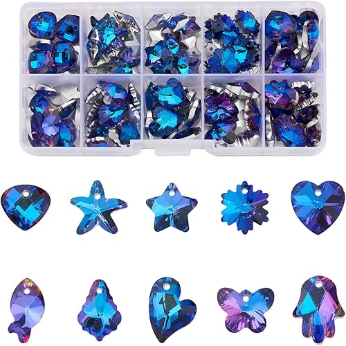 Pandahall - 100 colgantes de diamantes de imitación de cristal, 10 estilos, triángulo, estrella, corazón, mariposa, copo de nieve, estrellas de mar,