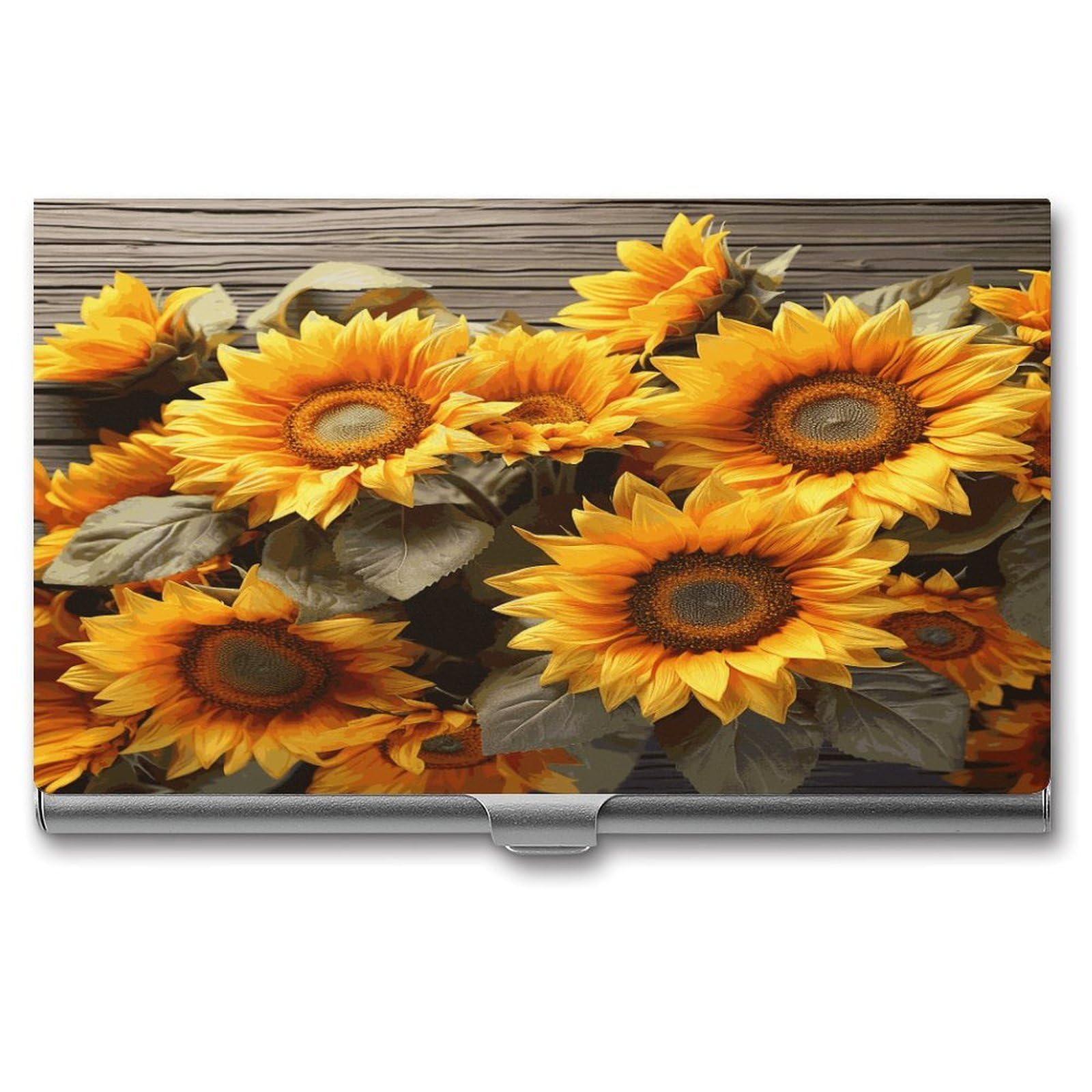 LDGSUPH Plants Theme Sunflower Business Card Holder Fashion Slim Name Card Holder Minimalist Design Case Metal Card Carrier Personalized Business Card Case with Flip for Men Women