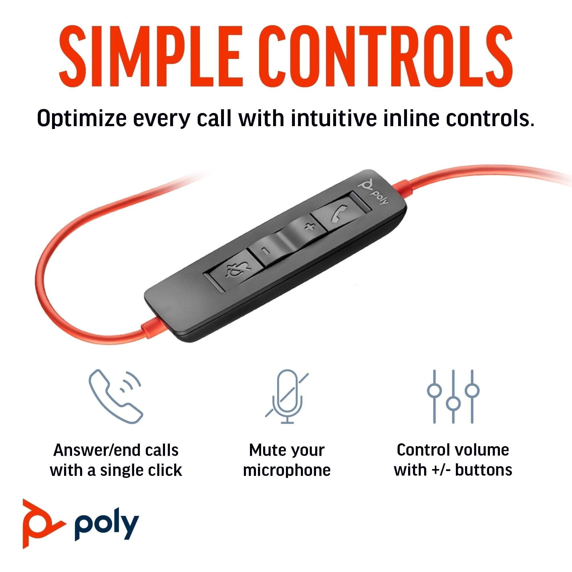 Poly Blackwire 3310, Cuffia Monoaurale Cablata con Connessione USB-A e USB-C, Cuscinetti in Similpelle, Riduzione del Rumore e dell'Eco, Comandi sul Cavo, Compatibile con Windows 10 e macOS, Nero