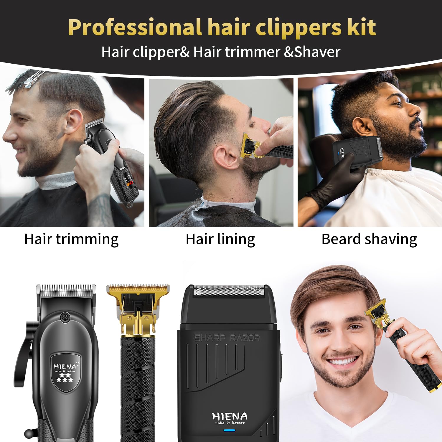HIENA PRO Professionelles Haarschneidemaschine Set für Männer, Elektrischer Folienrasierer und Bartschneider, Kabelloser Friseurschneider mit LED-Anzeige, R-Typ Verstellbare Klinge, Haarschneide-Set