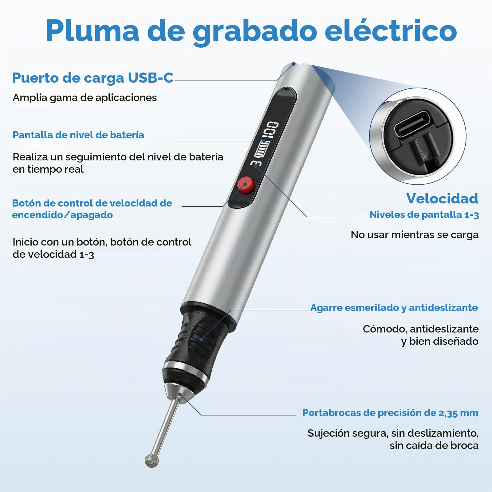 Pino de Grabado Eléctrico con 30 Bits, Mini Bolígrafo Grabador Eléctrico | Regulador de 3 Velocidades Hasta 25.000 U/min, USB Carga, para Joyería, Metal, Madera, Vidrio, Plástico, para Bricolaje