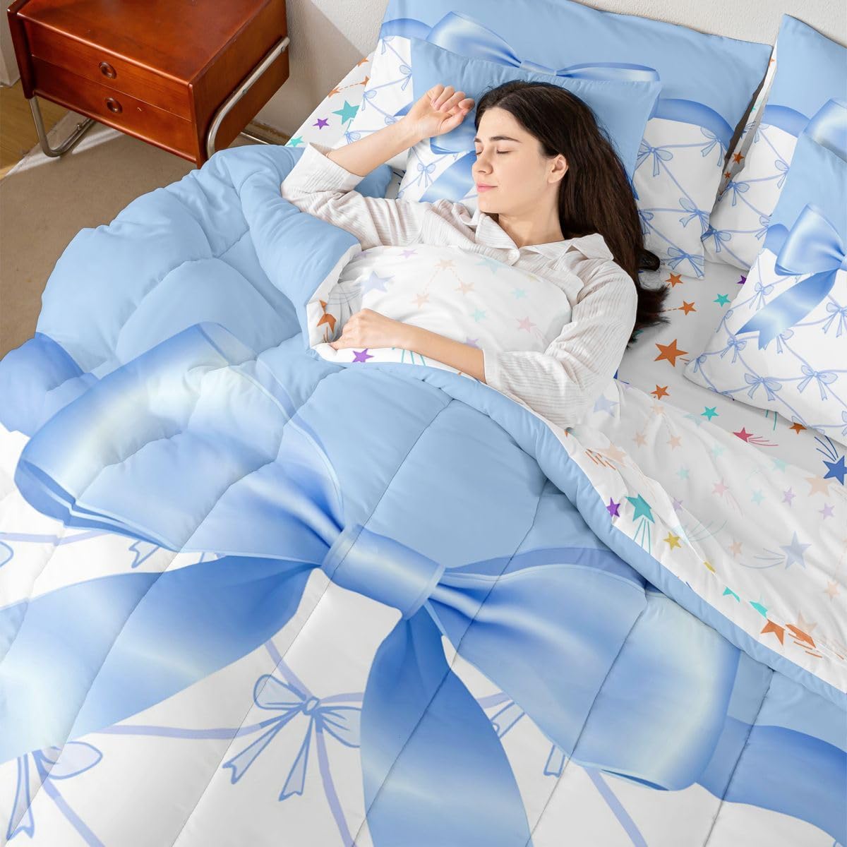 Feelyou Blue Bow 7 Piece Bedding Set Cute Ribbon Bow Comforter Set with Sheets for Kids Boys Girls White Blue Bed in a Bag Princess Style Bed Set Soft Lightweight