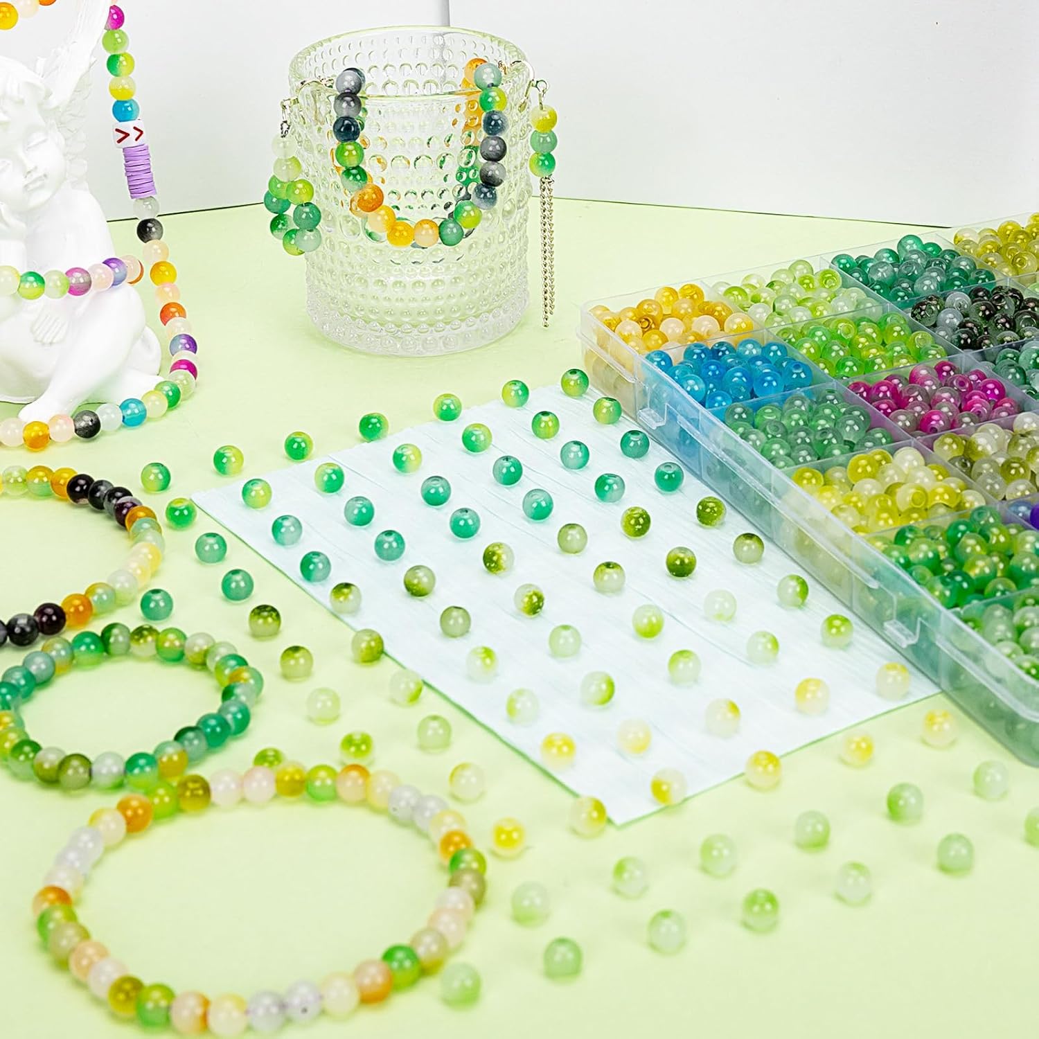 XSEINO About 1200+ pcs 6mm Glass Beads Bracelet Making Kit, 24 Assorted Green Bi-Color Fusion Series Crystal Beads for Jewelry Making, DIY Crafts, Friendship Bracelets - Image 7