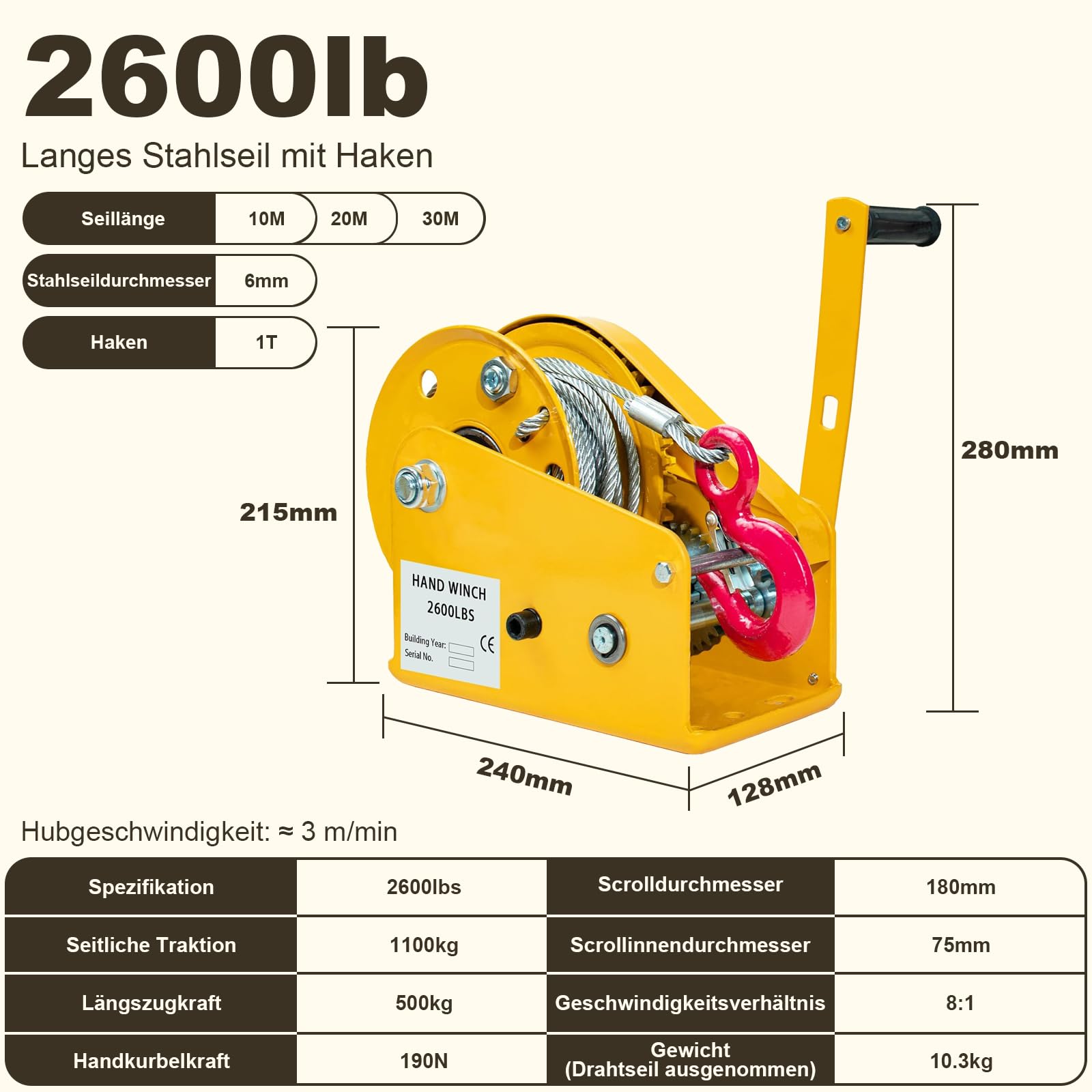 Handseilwinde mit Bremse 500kg Wandmontage für Boot Anhänger | Edelstahl Manuelle Seilwinde Klein mit 10m Drahtseil & Kurbel, Heben Senken, Ideal für Bootswinde, Trailer, Garage