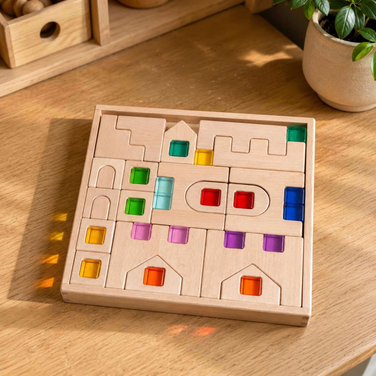 Kinder Lernbaustein Holzpuzzle Bausteinspiel Steckspiel Formensortierer Pädagogisches Spielzeug aus Buchenholz mit, Buchenholzschloss