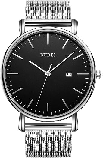 BUREI Uomo Donna Orologio da polso al quarzo classico minimalista Quadrante  nero analogico Data Finestra cinturino morbido (Nero-argento) : Amazon.it:  Orologi