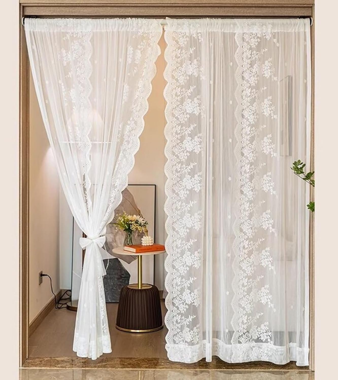 2 Panels Sheer Window Curtains 63 inch Long, Polyester Voile Curtains Rod Pocket Lace Embroidered Flowers Pattern Modern Curtain for Bedroom Living Room Windows White, 40 x 63 Inch
