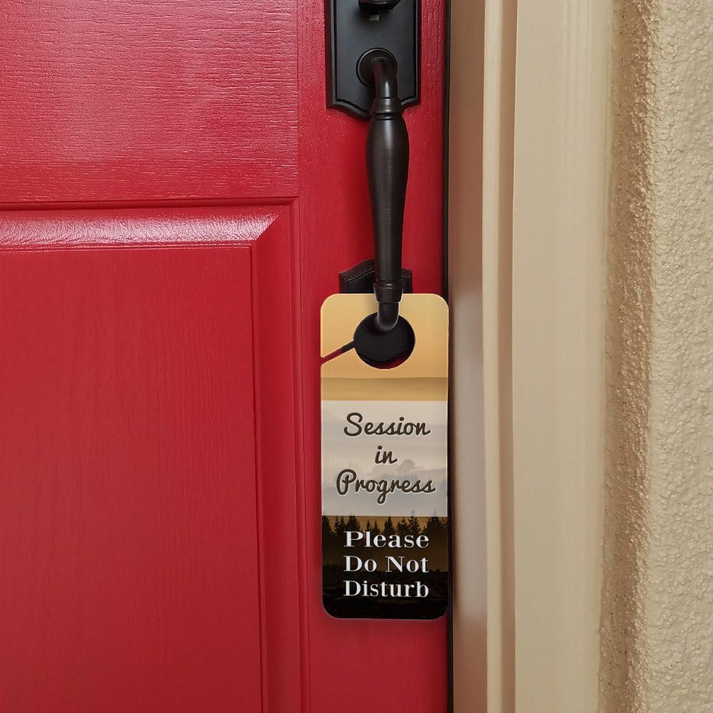 Session in Progress Please Do Not Disturb Plastic Door Knob Hanger Warning Room Sign - Foggy Orange Landscape