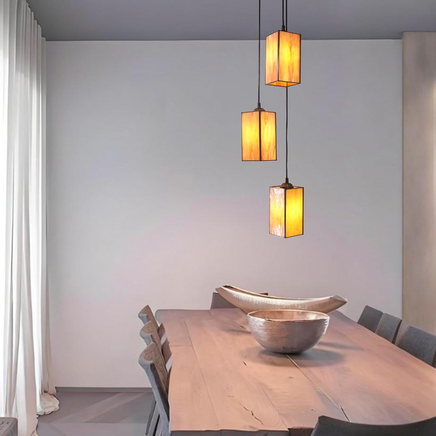 3-Light Tiffany Pendant Light Stained Glass Orange Adjustable Hanging Lamp for Ceiling Dinning Room, Bedroom,Hallway