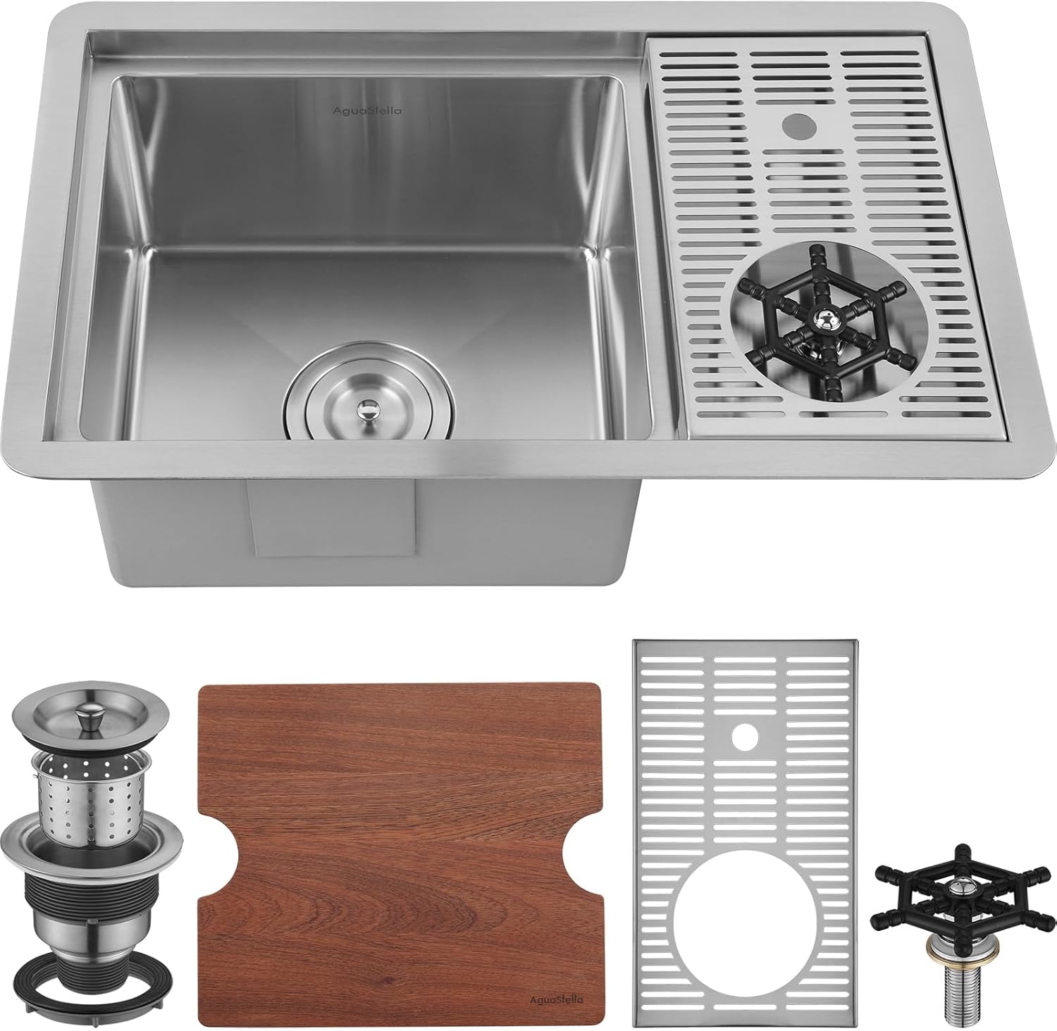 AguaStella AS15XSC Bar Sink with Glass Rinser Stainless Steel Undermount Prep Kitchen Sink 23-1/4 x 14 Inches Single Bowl with Cutting Board