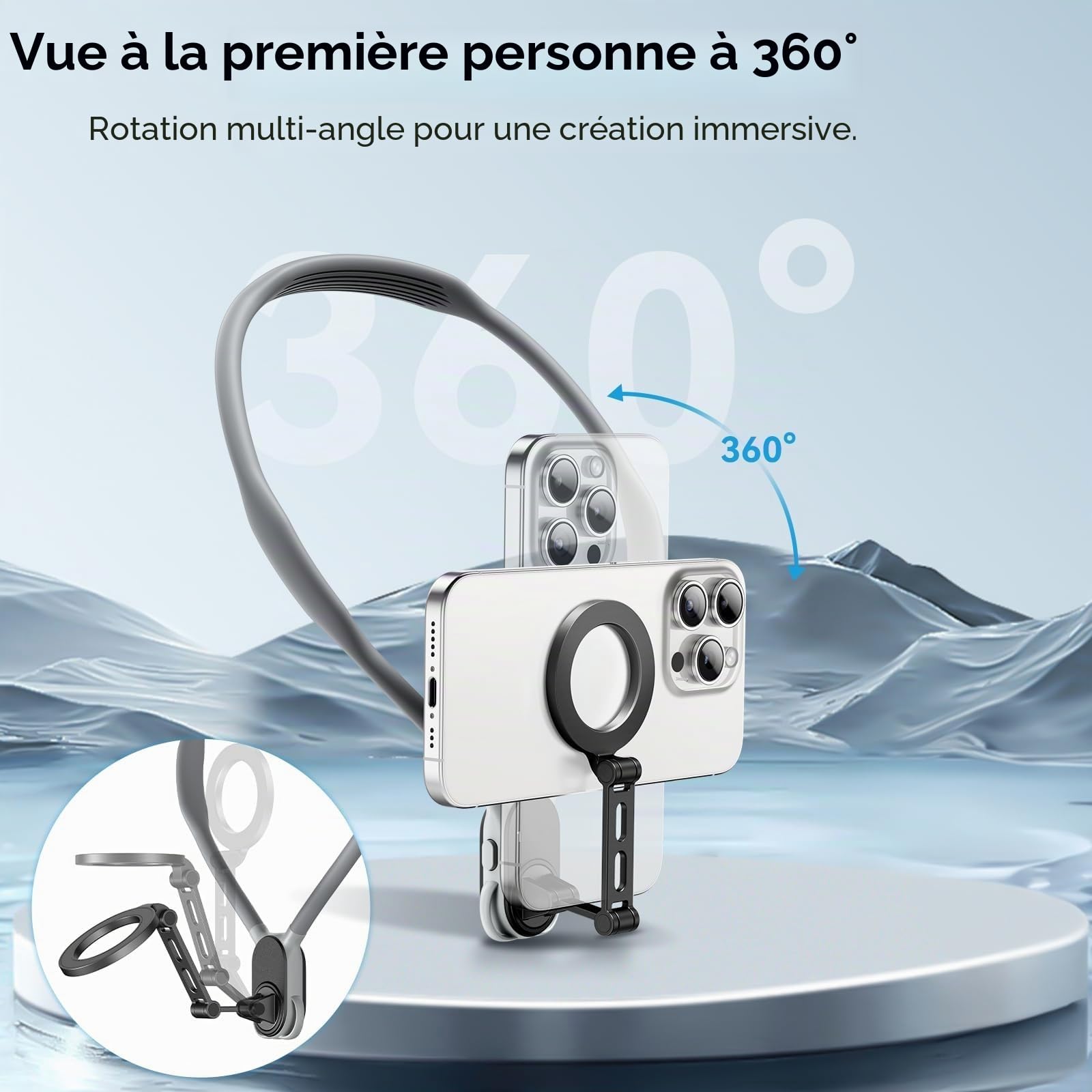 Support de Téléphone pour Le Cou, Support Cou POV/Vlog pour Téléphone avec Clip Téléphone, Support de Téléphone Mains Libres pour Le Cou pour iPhone Samsung et Tous Les Téléphones
