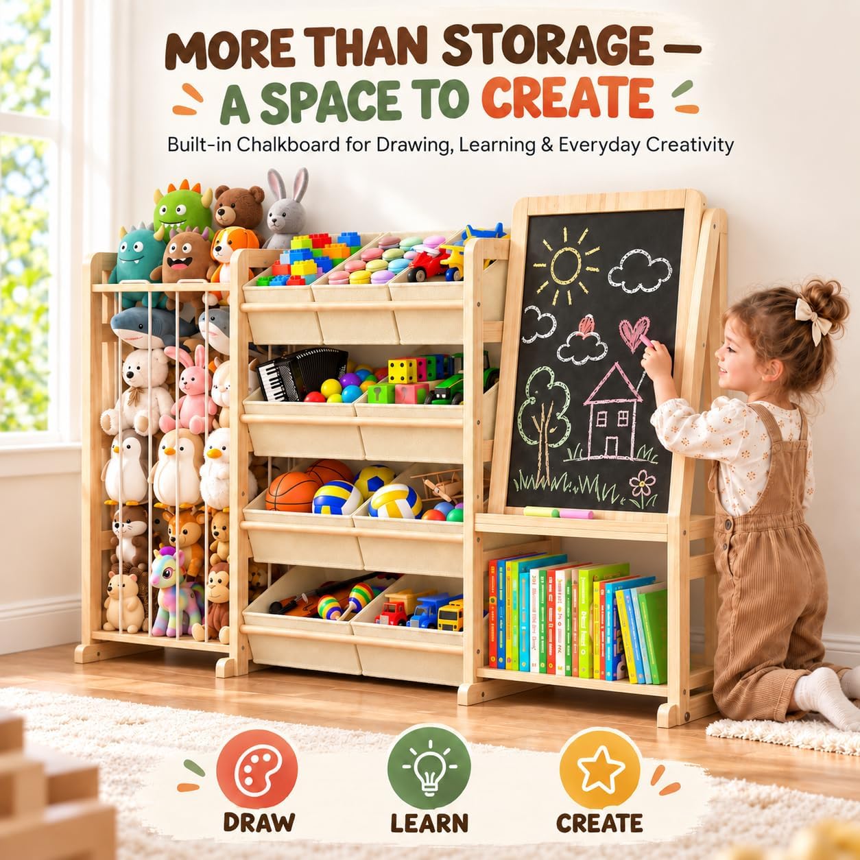 Multifunctional Toy Storage Organizer with Chalkboard: 4-in-1 Design