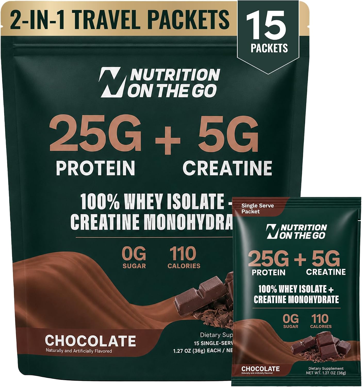 2-in-1 Whey Protein Isolate + Creatine Travel Packets, Chocolate, 15 Pack