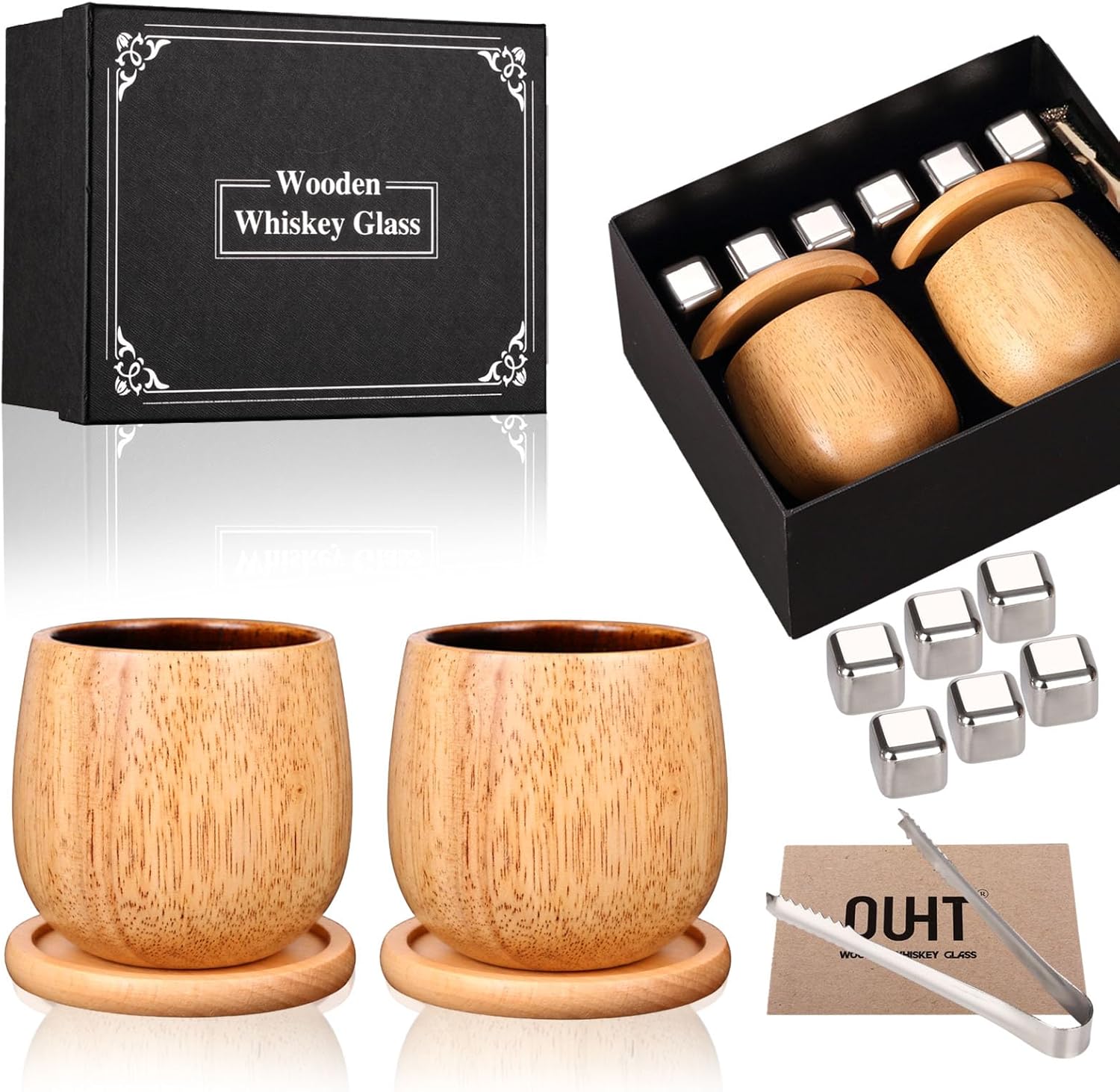 White Oak Charred Wooden Whiskey Glass with Coaster, 11oz Handcrafted Bourbon Tumbler, Unique Gifts for Men Dad Husband Boyfriend, Perfect Presents for Father's Day Birthday Anniversary