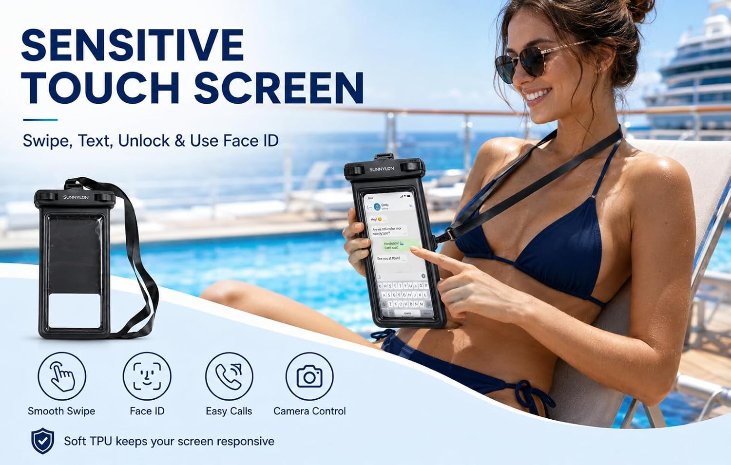 3D TPU Waterproof Phone Pouch, IPX8 Underwater Phone Case 100FT, Touch Screen Cell Phone Dry Bag with Lanyard, 7 Inch Fits iPhone 17-14 Pro Max, Samsung Galaxy S26/S25/S24 Ultra (Blue+Black)