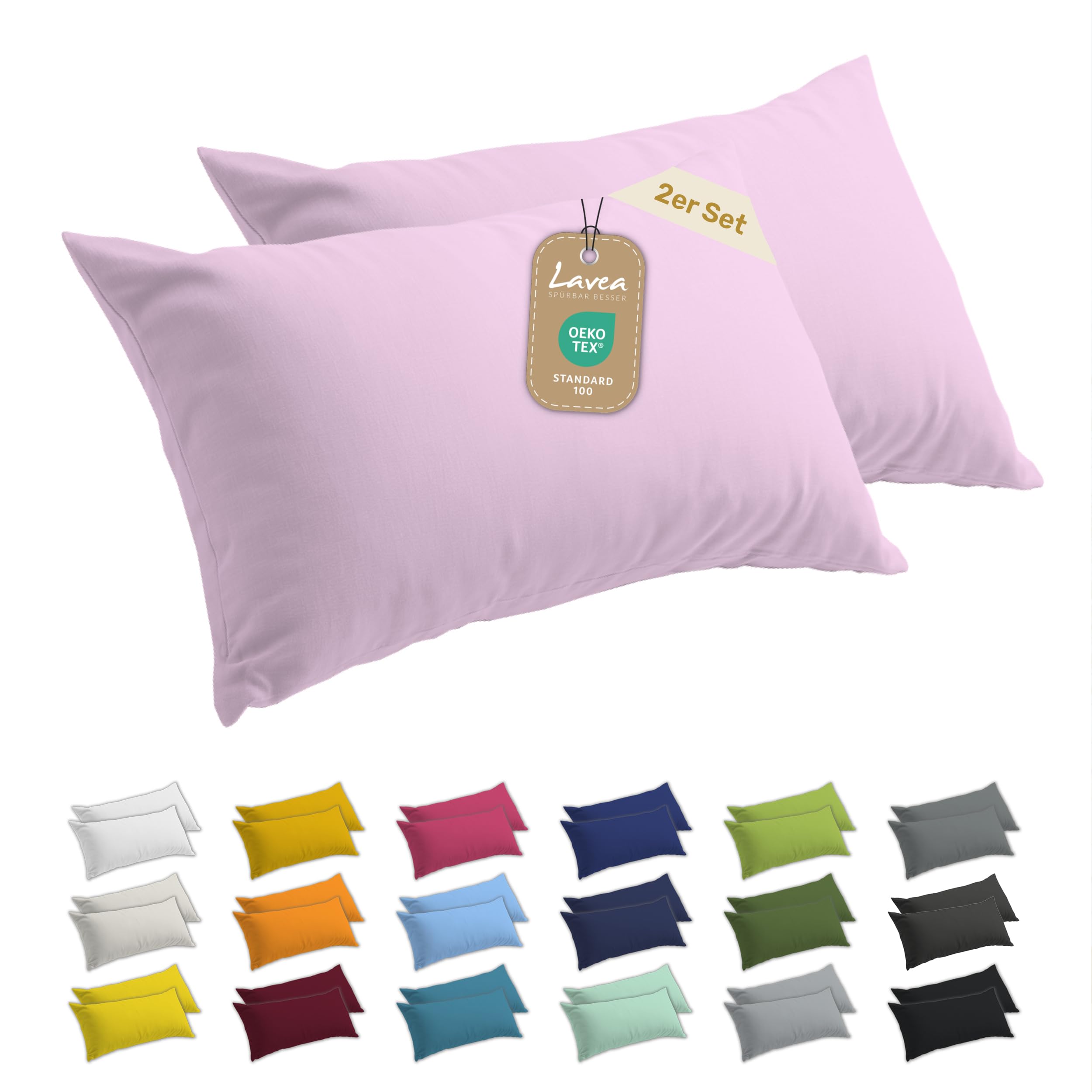 Lavea® 2er Set Kissenbezug 40x60, Kissenhülle Sparpack, 100% Baumwolle Jersey, Kissenbezug Baumwolle, Kissenbezüge 2 Stück, Oeko-Tex Zertifiziert, YKK-Reißverschluss, Hautfreundlich, Rosa