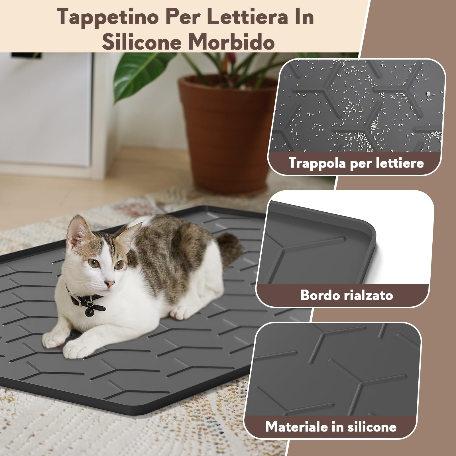 Garoopion Tappetino Lettiera Gatto, 86x56 cm Taglia Grande Tappeto Lettiera Gatto, Silicone Impermeabile Facile da Pulire, Nero