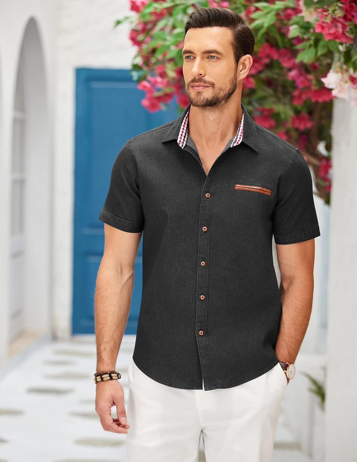 COOFANDY Men's Cotton Casual Short Sleeve Button Down Shirt Plaid Collar Denim Work Shirts - Image 2