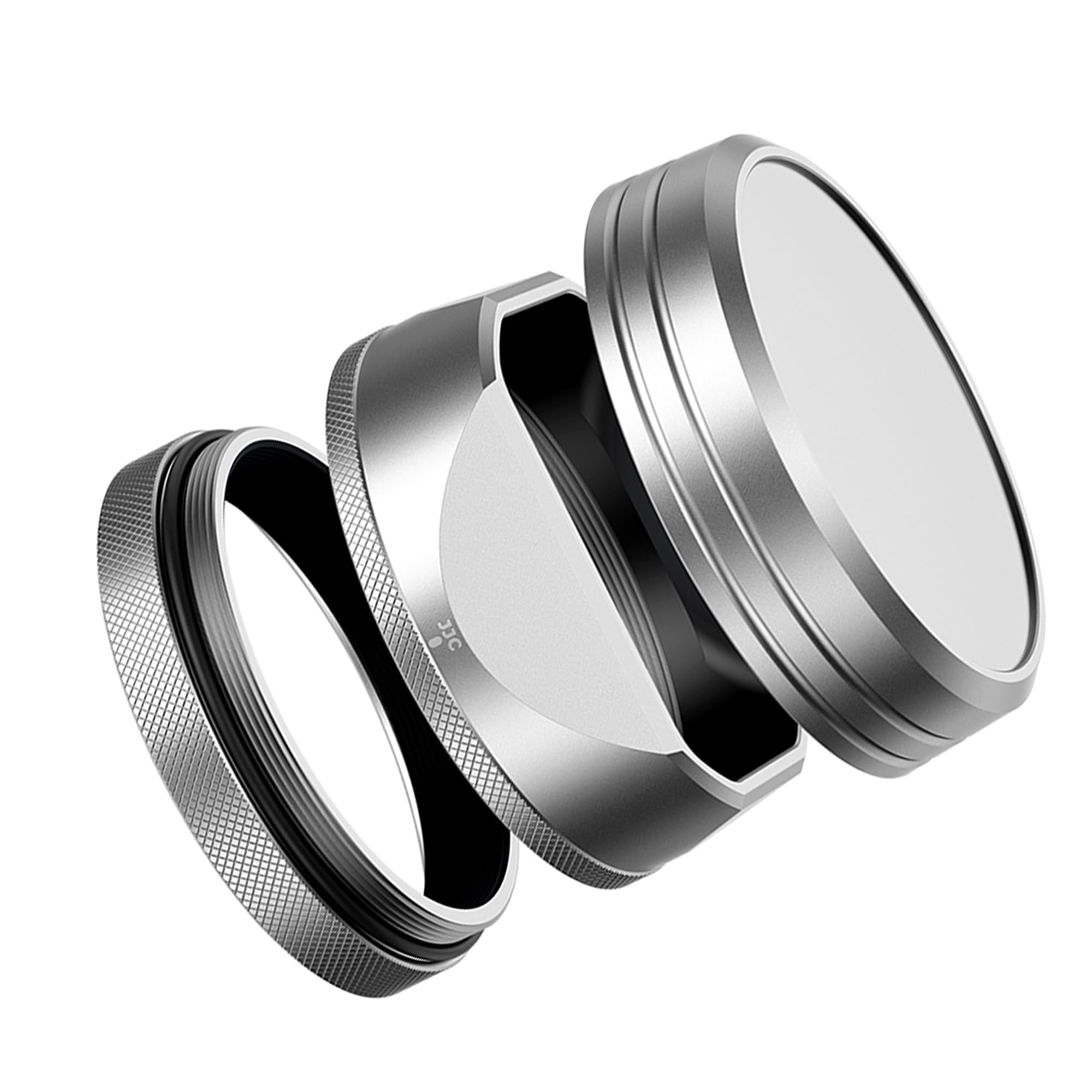 JJC Paresoleil d'objectif carré classique en métal avec bague d'adaptation 49 mm + capuchon pour appareil photo Fujifilm X100VI Fuji X100V Fuji X100F – Support de filtre 49 mm – Argent