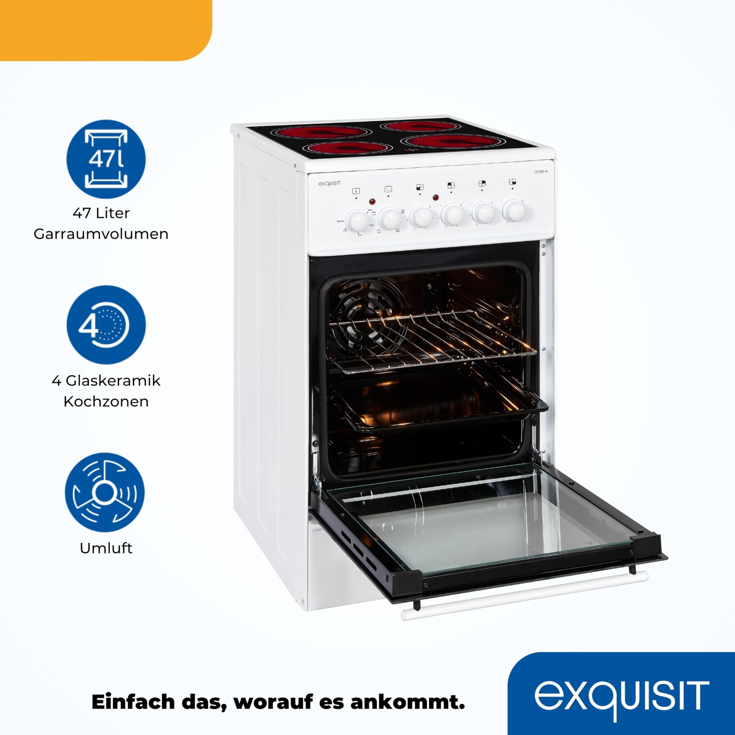 Exquisit ECM 5-4 Cuisinière Blanc Plaque avec zone à induction A - Fours et cuisinières (Cuisinière, Blanc, Rotatif, Devant, Plaque avec zone à induction, Verre-céramique)