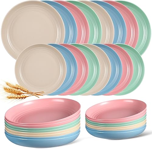 Tioncy Juego de 16 platos de paja de trigo de 9 pulgadas y 10 pulgadas, platos profundos irrompibles para niños pequeños, aptos para lavavajillas y