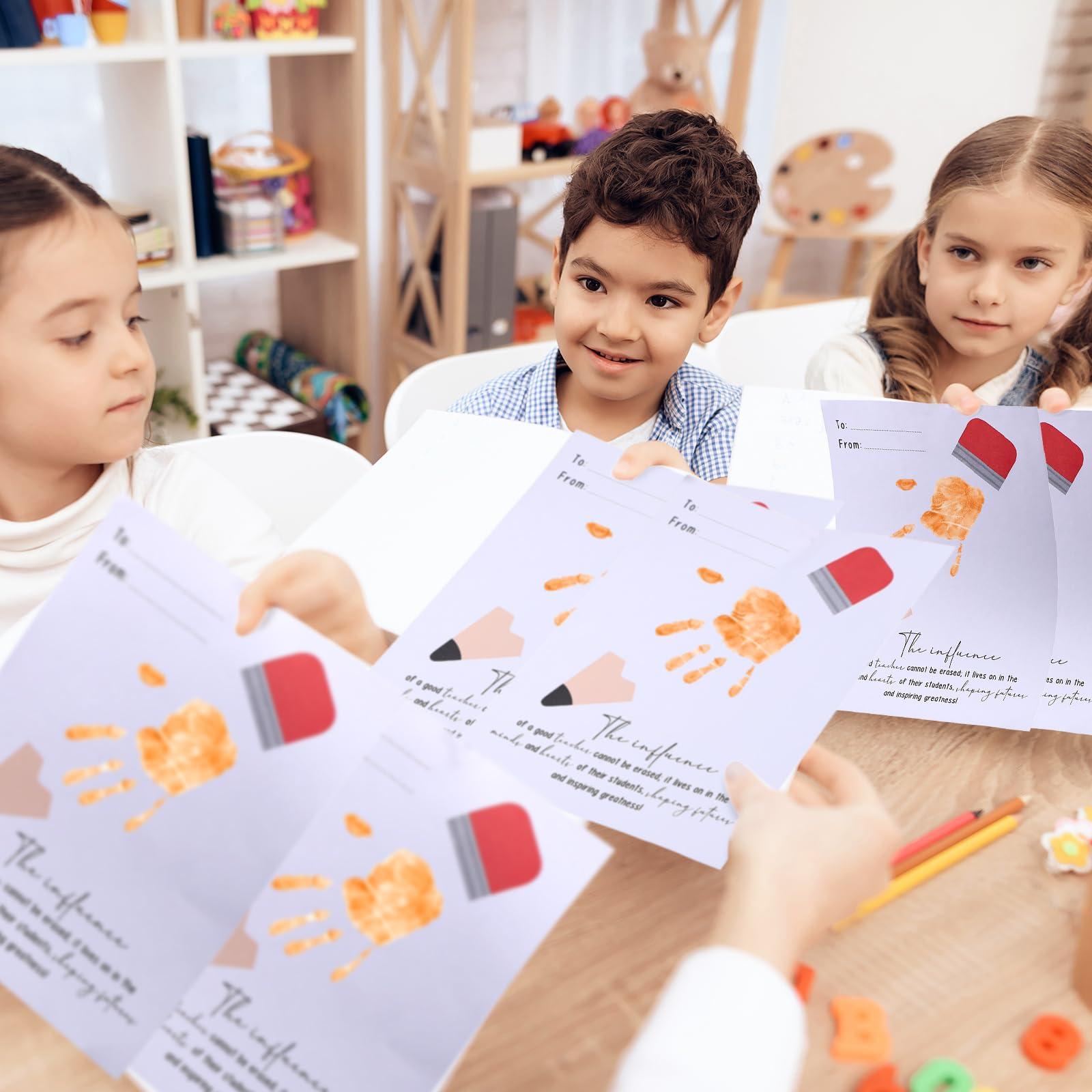 50 piezas de regalo de agradecimiento al profesor, kit de huellas de manos de 8.5 x 11 pulgadas, tarjetas de agradecimiento personalizadas para profesores, recuerdo de fin de año, tarjeta de huellas