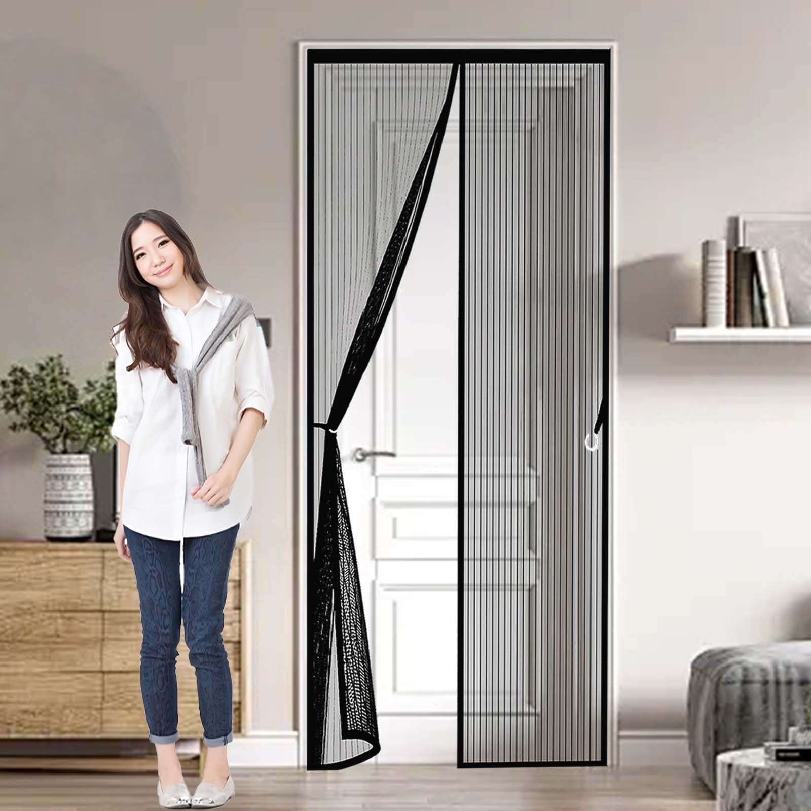 Heavy Duty Bug Mesh Curtain 154 x 195 cm Powerful Magnets and Full Frame Magic Tape, No Drill Installation Heavy Duty Mesh Bug Curtain Hundreds of Sizes, Lets Fresh Air in, Black