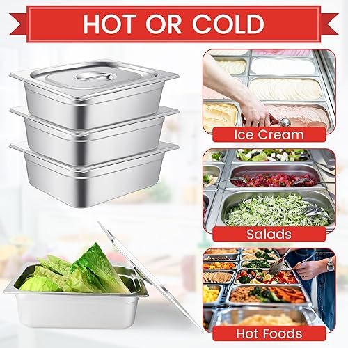 Vista 14 de Thenshop Juego de 8 sartenes de acero inoxidable para mesa de hotel con tapas de 4 pulgadas, 1/2 de tamaño medio, sartenes de restaurante anti vapor