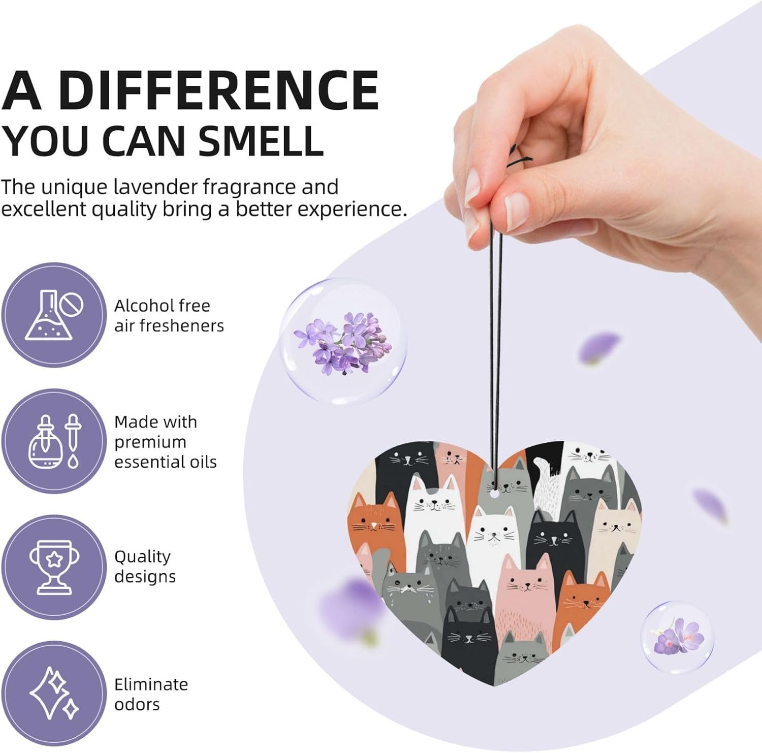 Car Air Freshener 24 PCS Cute Funny Grey Cats Pattern Hanging Car Air Fresheners Auto Interior Decor Card Freshener Strong Scented Card Lavender Cars Scents for Office Bedroom Close Drawer Heart Shape